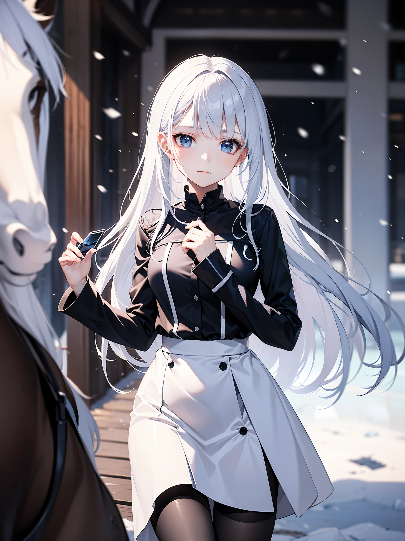 beautiful, young woman, in the crystal and ice area, fluttering snow, horse riding, a white hourse, gradient hair, white hair, blue hair, long hair, eye reflection, disdain, ray tracing, reflection light, blurry, glowing light, depth of field, chiaroscuro, stereogram, zoom layer, cowboy shot, f/2.8, bokeh, masterpiece, best quality, high quality, HD