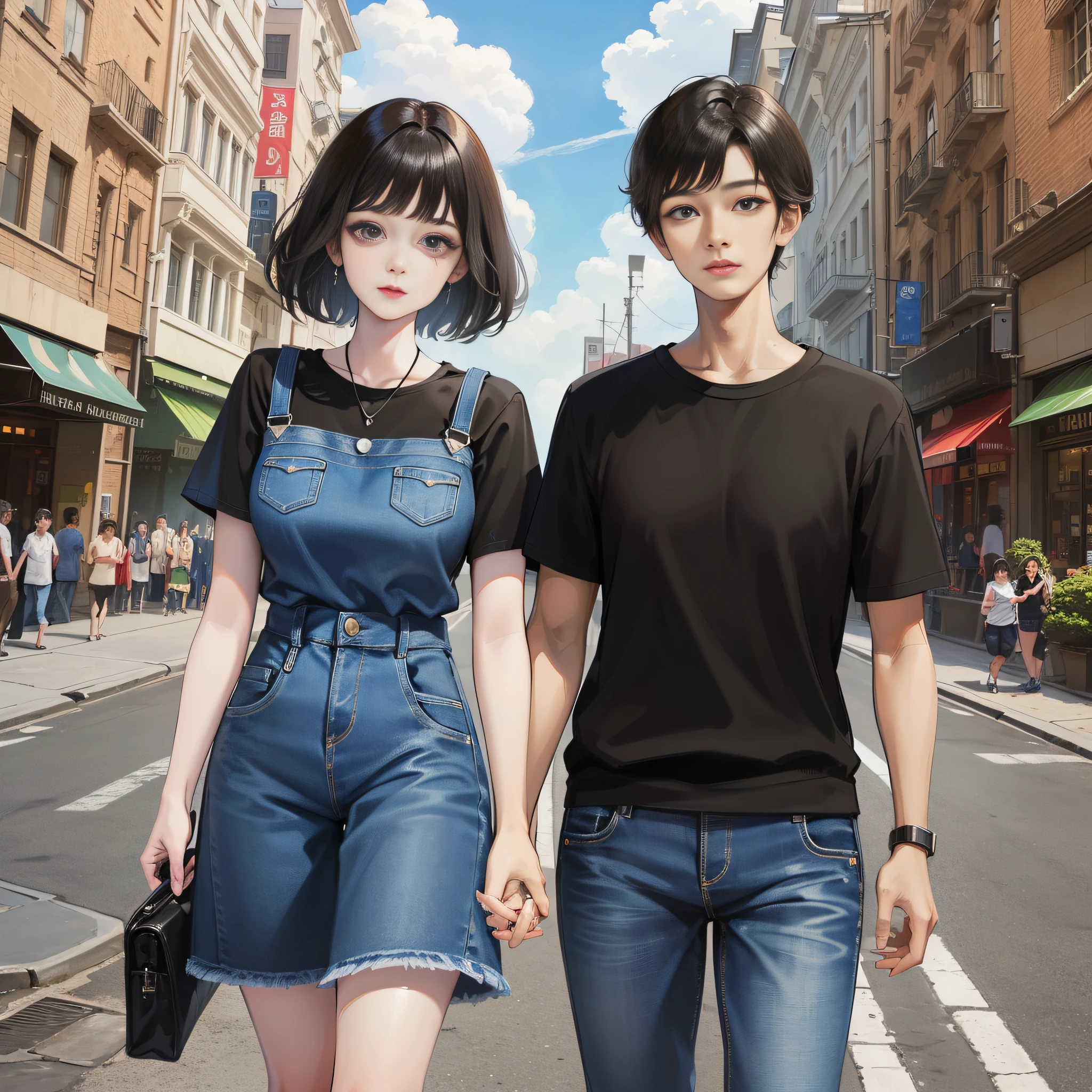 (two people)), (a young boy, short black hair, handsome, black eyes, big eyes, black pattern short sleeves, jeans,), (a middle-aged young woman, full, black hair, white dress, beautiful,), (two people holding hands, standing on the street)) bright sunshine, blue sky, 3D two-dimensional, 8K, clear, master's work, ((((full picture repair, HD quality, face without damage)))))), clear facial features