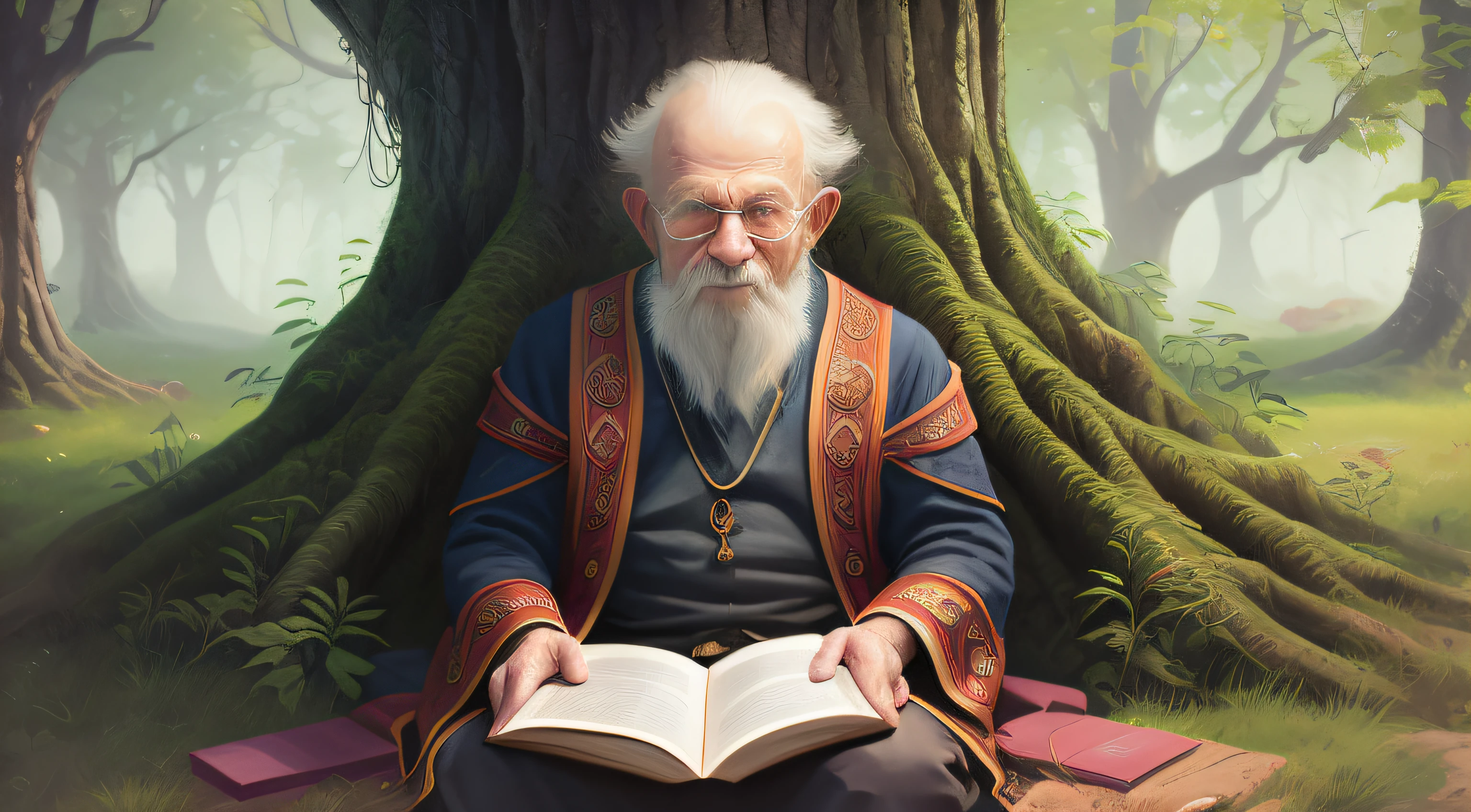 there is a man sitting under a tree reading a book, rpg book portrait, portrait of a forest mage, portrait of a wizard, by Alexander Kucharsky, fantasy rpg book illustration, alexey egorov, fantasy book illustration, wojtek fus, tolkien and michael komarck, wizard sits reading at a desk, kerem beyit, wise old man