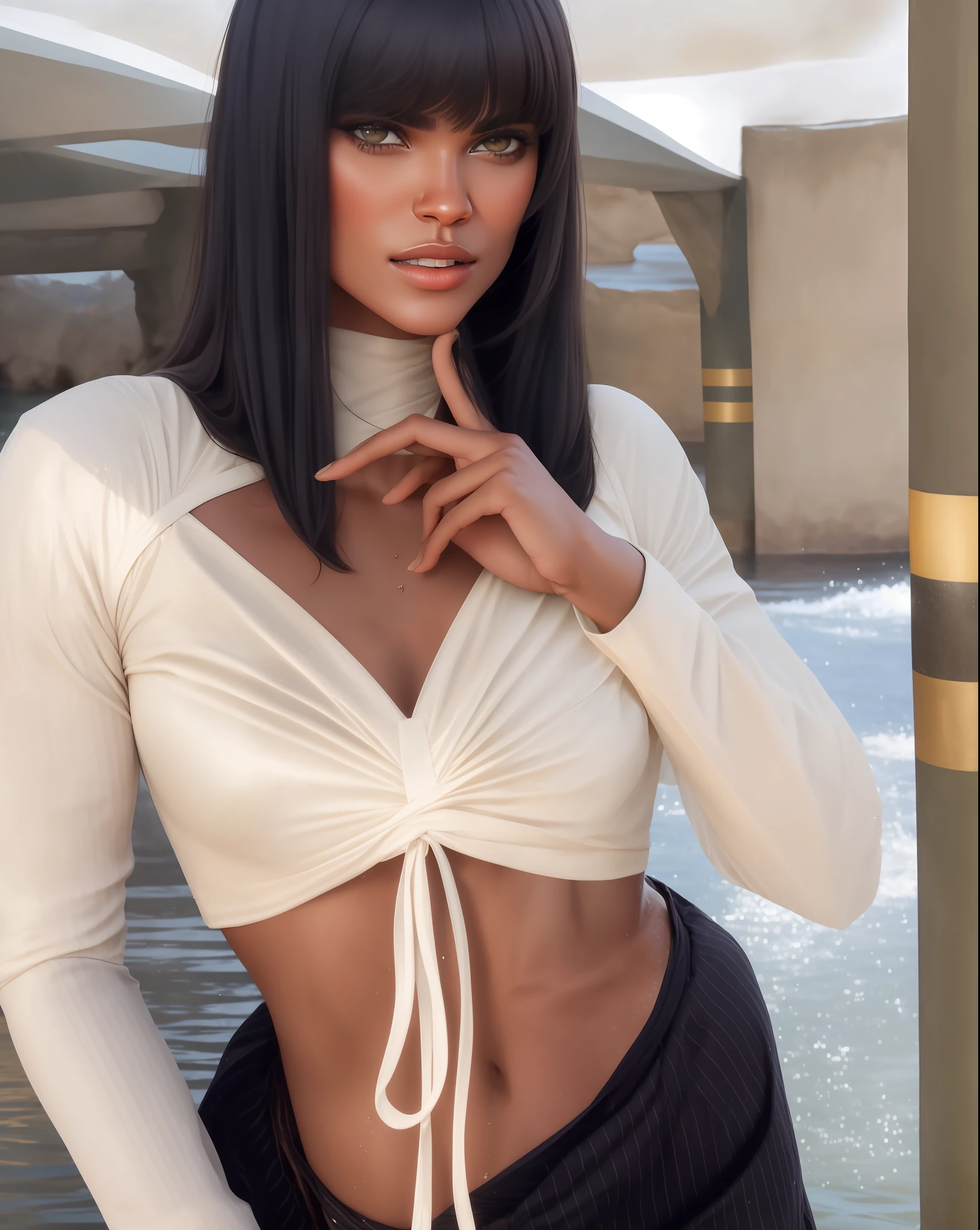 portrait face photo of  Aprild beautiful woman with bronzed skin, as an Egyptian goddess, wading waist deep in the nile,  (masterpiece) (best quality) (detailed) (8k) (HDR) (wallpaper) (cinematic lighting) (sharp focus) (intricate)[ Style-Hamunaptra]