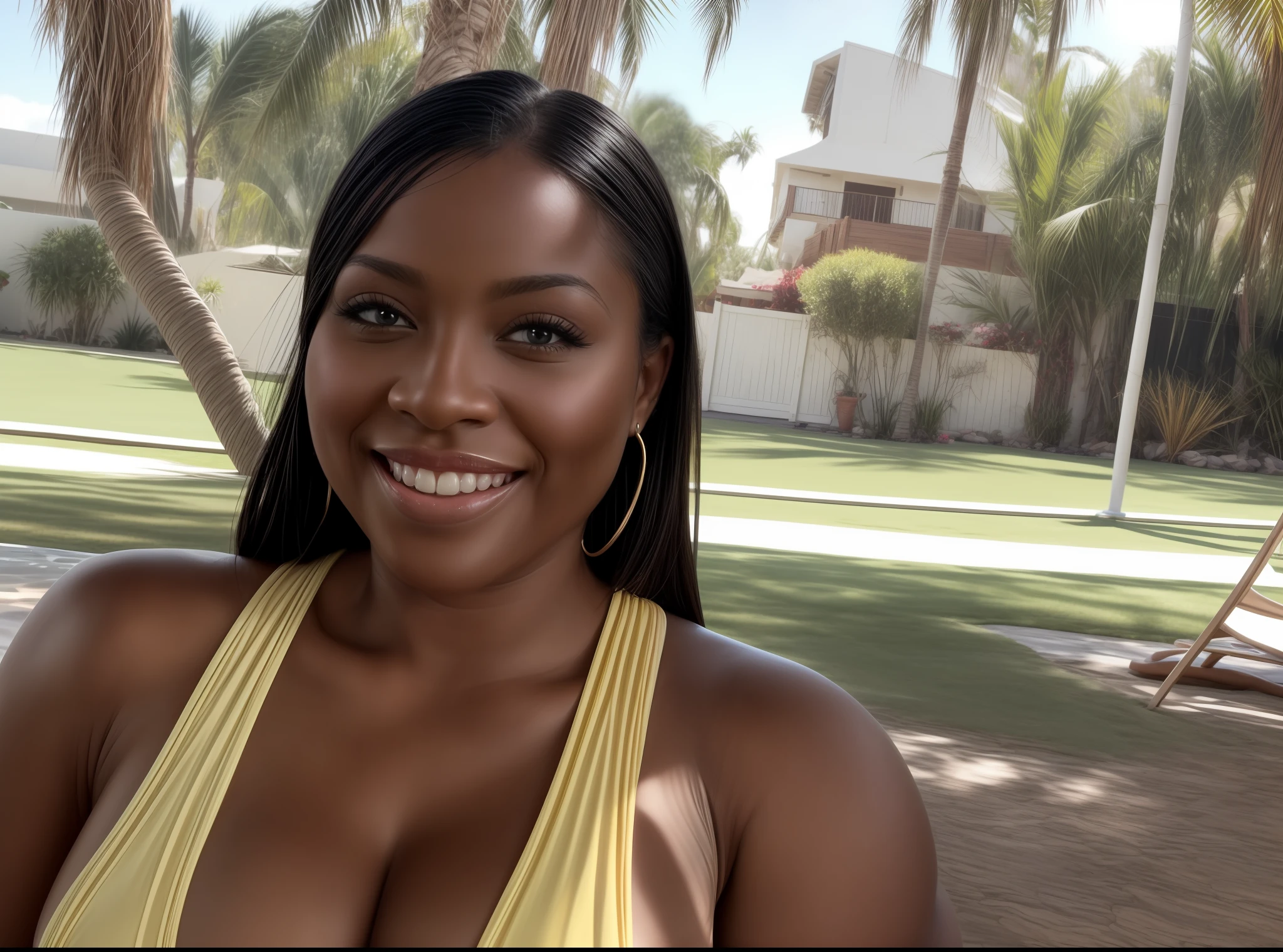 Make with the woman of the picture a photo, RAW Photo, a panoramic photo of a 40 year old woman in bathing suits, long haircut, black skin, robust body, (((????????????))), ((bust)), (highly detailed skin: 1.2), 8k uhd, dslr, soft lighting, high quality, film grain, Fujifilm XT3