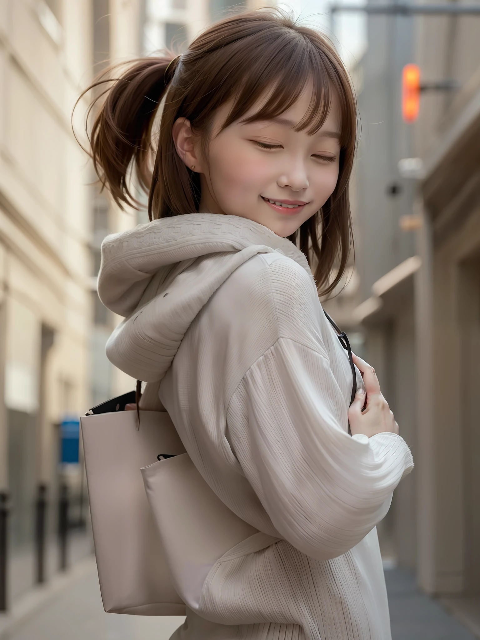 ((Masterpiece)), (Best Quality), 1 girl, Parker, Brown hair, Long hair, Smile, Hands on back, Closed eyes, Cute, City, Real, Live action, Close eyes