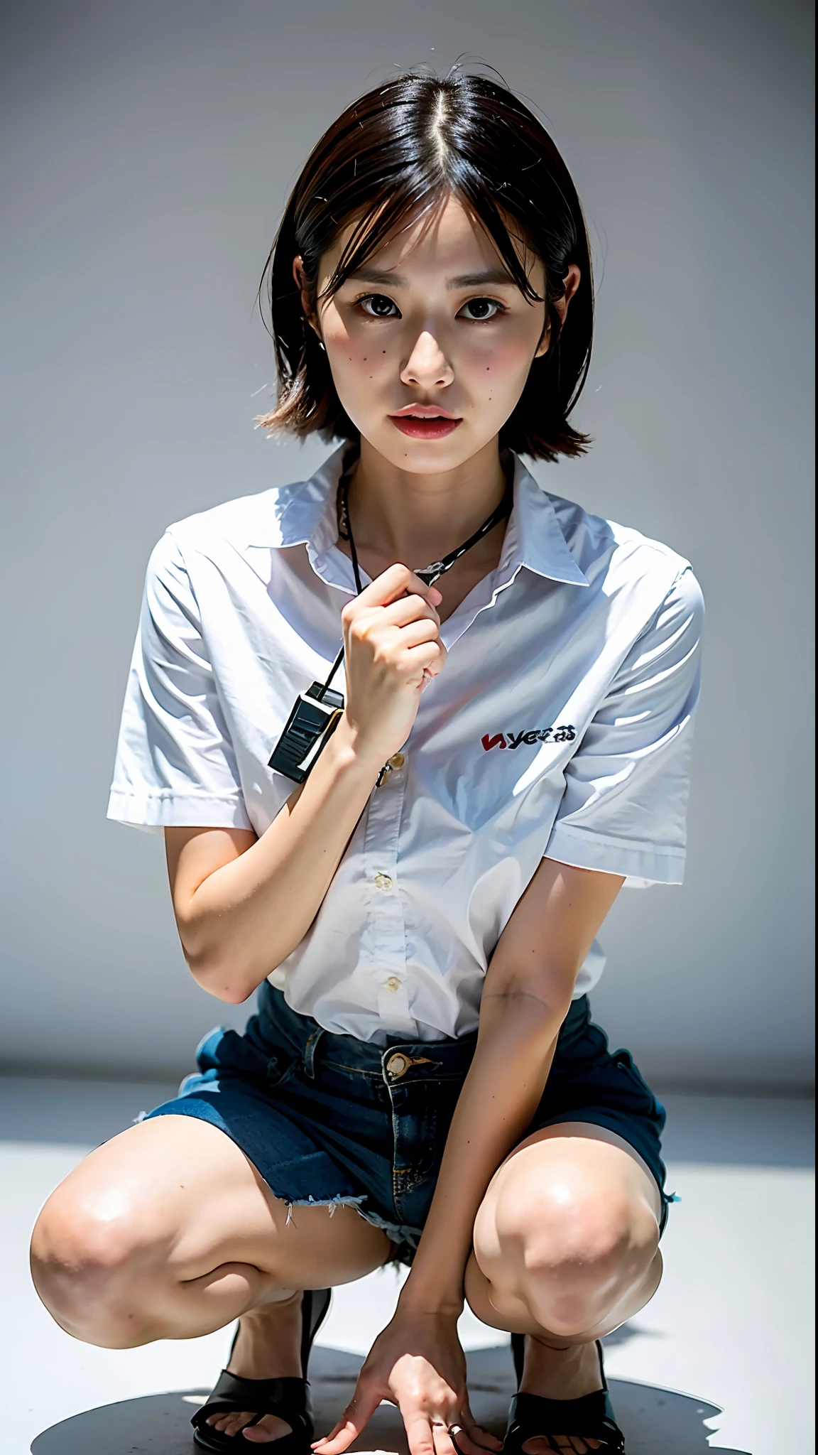 (Best Quality, 8k, 32k, Masterpiece, UHD: 1.2), Cute Japan Woman Picture, Short Hair, Squatting, White Open Shirt, Simple Background, Restraint, Arrest, Hands Tied