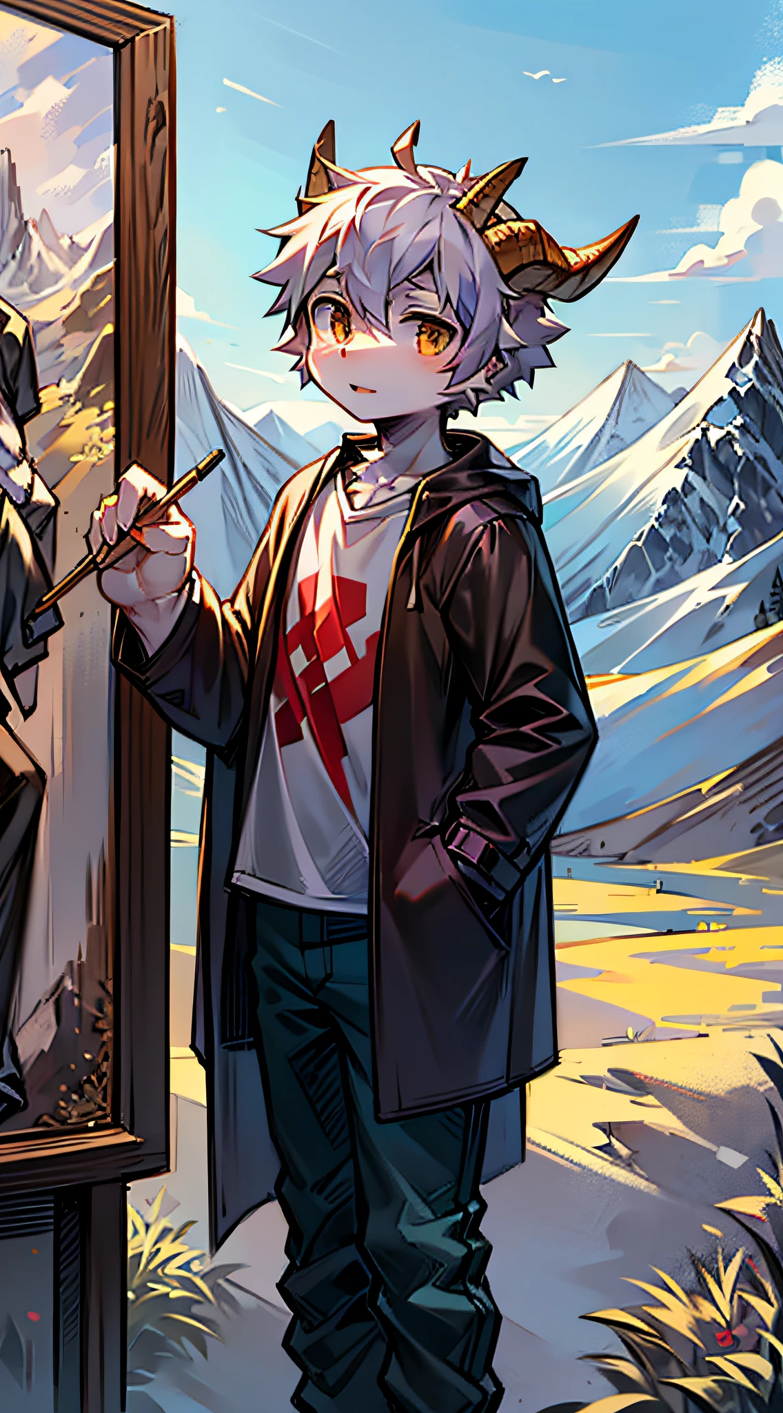 Goat boy, beast type, big horn, shota, shirt, coat, pants, short hair, mountain top, clear sky, bird, outdoor, sketching, painting