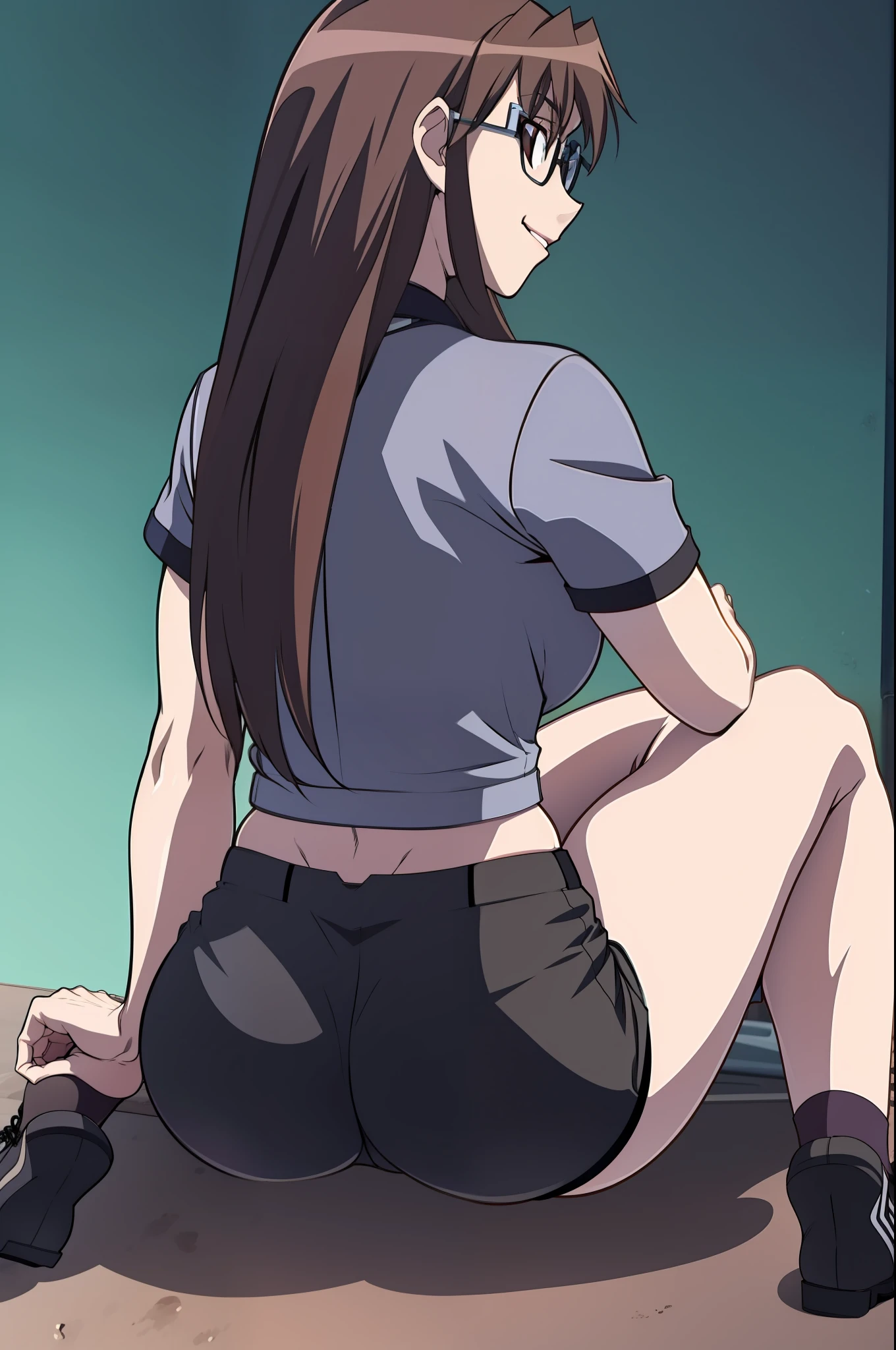 Koyomi mizuhara, brunette hair, long hair, glasses, top shirt, biker shorts/over thong, shoes, front view, tight ass, breasts, back view, cameltoe, sitting, glancing, smirking