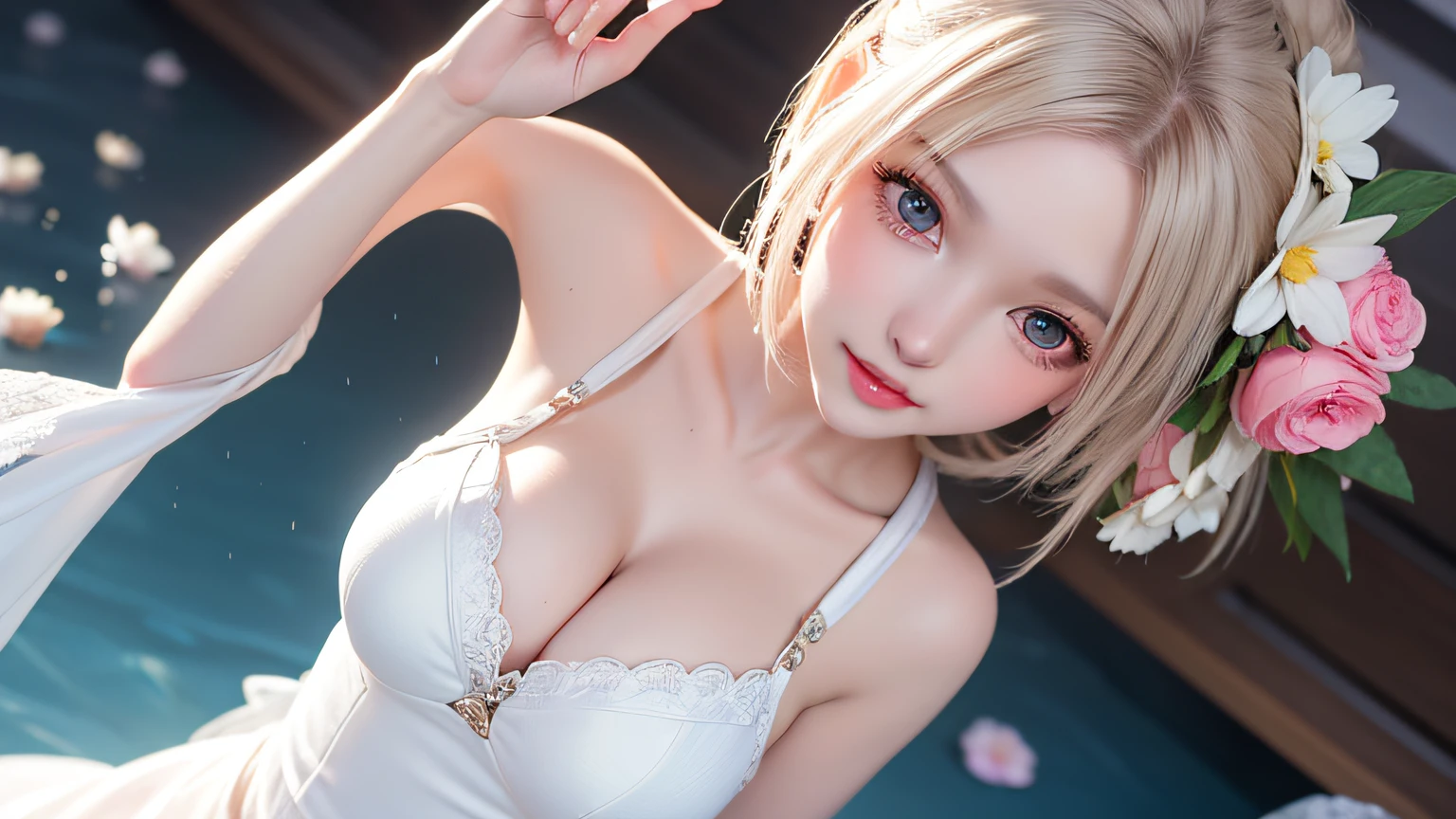 (8k, RAW photos: 1.2), highest quality, ultra high resolution, (((cleavage coordination from head to waist)), (pink petals flutter), (illustration), (1 girl))), (short hair bob)), (transparent white sheer lace dress)), (silver hair, blue eyes) beautiful face, (bright lip gloss, long eyelashes, smooth) face, bright skin, natural shadows, wide light, Wide Light, Depth of Field, Intense Colors, Subtle Caustics: 0.8), Smile, (Rain: 0.9), Behind the Girl is Hanazono, (Focus), (Sit on the Surface of the Water)), (Color Splash), Colorful Splash, (Colorful))), (Sketch: 0.8), Masterpiece, Best Quality, Beautifully Painted, Highly Detailed, (Denoise: 0.6), Splash Ink, (( Ink refraction)), (beautiful detailed sky), highly detailed, (masterpiece, best quality, highly detailed) CG Unity 8k wallpaper, masterpiece, top quality, super detail), white dress, wet swimsuit, sexy dress, sexy body, smooth translucent white skin, blonde goddess, translucent body, Alexa Grace, wearing wet white short dress, sexy girl, sexy hot body, translucent dress, elegant sleek smooth body, dressed in beautiful white, close shot,