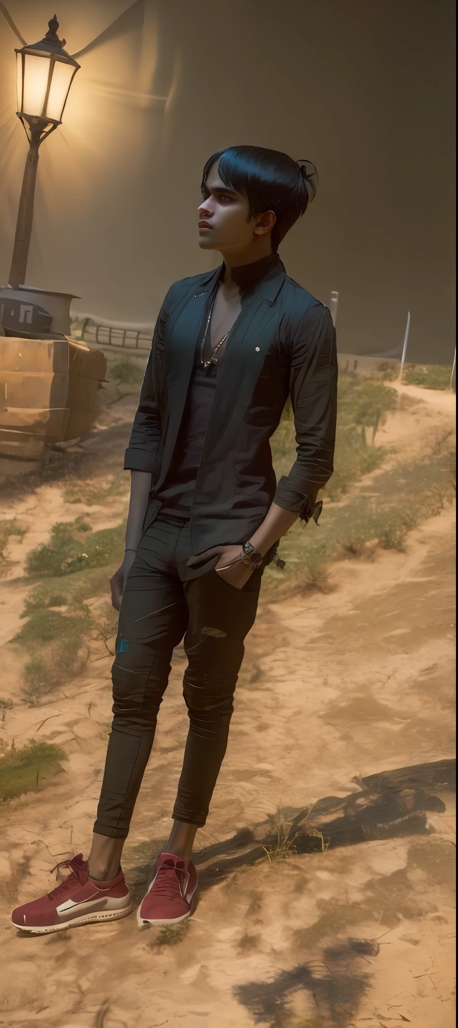 there is a man standing on a dirt road near a body of water, stylish pose, full body photogenic shot, full body picture, around 1 9 , with a cool pose, jayison devadas, taken with sony alpha 9, cool pose, jayison devadas style, very artistic pose, very very low quality picture, distant full body view, candid picture