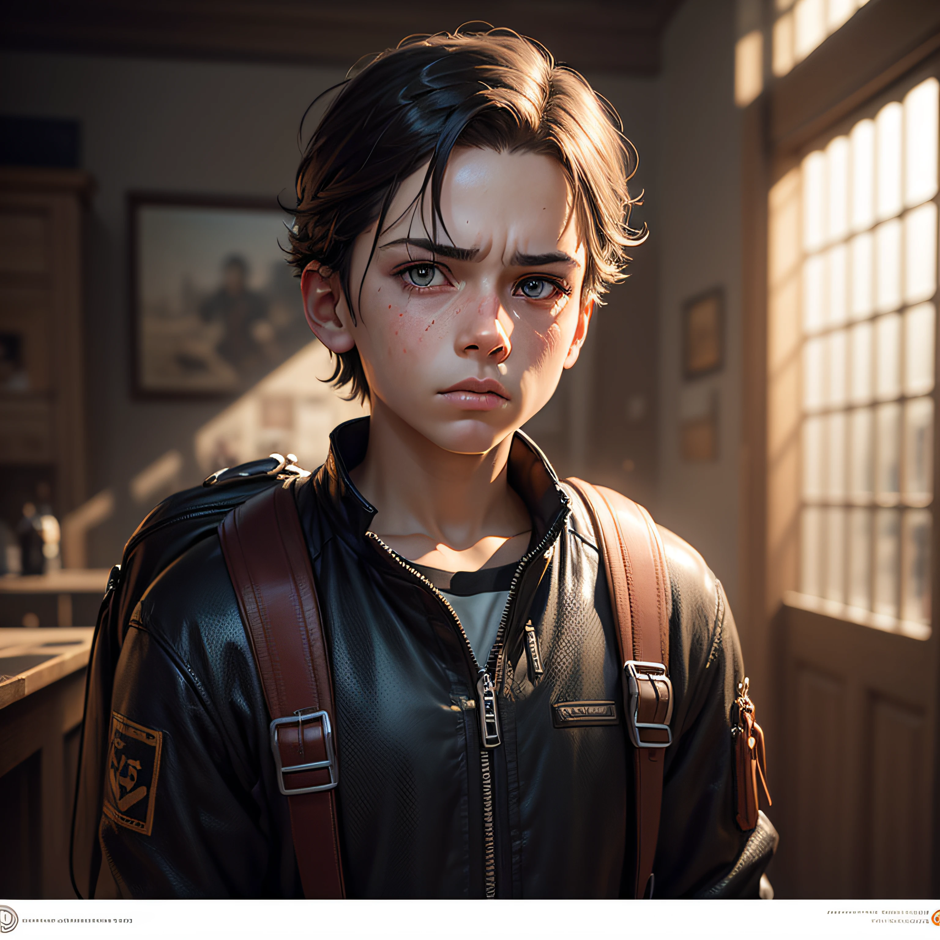 there is a young boy with a backpack standing in a kitchen, ultra realistic concept art, photorealistic dark concept art, cinematic realistic portrait, small character. unreal engine 5, wojtek fus, childrens art in artstation, cinematic bust portrait, photorrealistic concept art, rendered in unreal engine 5, 8k portrait render, photorealistic concept art