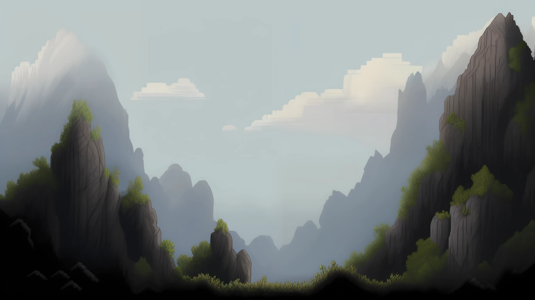 Image style: Pixel art, ultra detailed, game setting. Dark mountains, with rocky peaks and steep cliffs. Black clouds hang over the sky, hiding any trace of sunlight. The vegetation is sparse and adapted to the darkness, with black mosses and thorny plants writhing in the frigid wind. The air is thin, making climbing an arduous task.