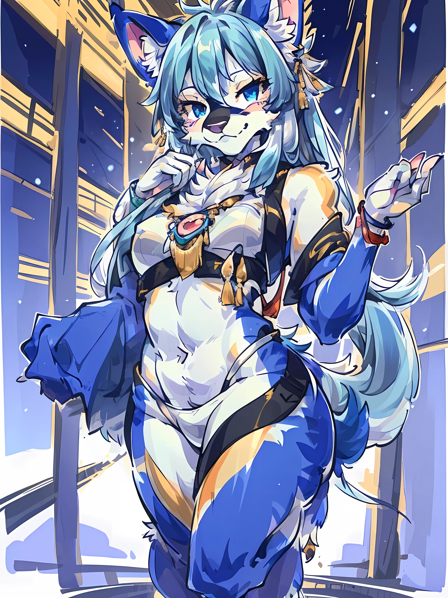 top quality, High-quality illustrations, masterpiece, shuimobysim, badashanren:0.6, Shukezouma:0.5(highly detailed beautiful face and eyes)absurdres, perfect anatomy(1girl, kemono, solo focus)(furry)(furry anthro:1.7)(Furry body, dog facial features, dog body features)(very detailed body fur)full body, dynamic pose,