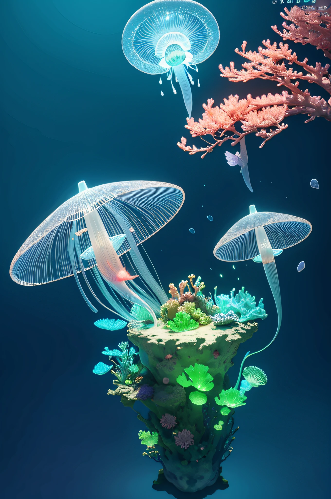 Masterpiece, best quality, (very detailed CG unity 8k wallpapers), (best quality), (best illustrations), (best shadows), marine theme with natural elements. Tall mangroves, rich marine plants, glowing jellyfish, surrounded by schools of fish, glowing particle effects,, (marine plants), (ocean theme), ((luminous algae)), (coral), ((glowing jellyfish )), ((Glow Creatures in Seawater)), ((Sea Fire)), (((Particle Effect))), Isometric 3D, Octane Rendering, Ray Tracing, Super Detailed