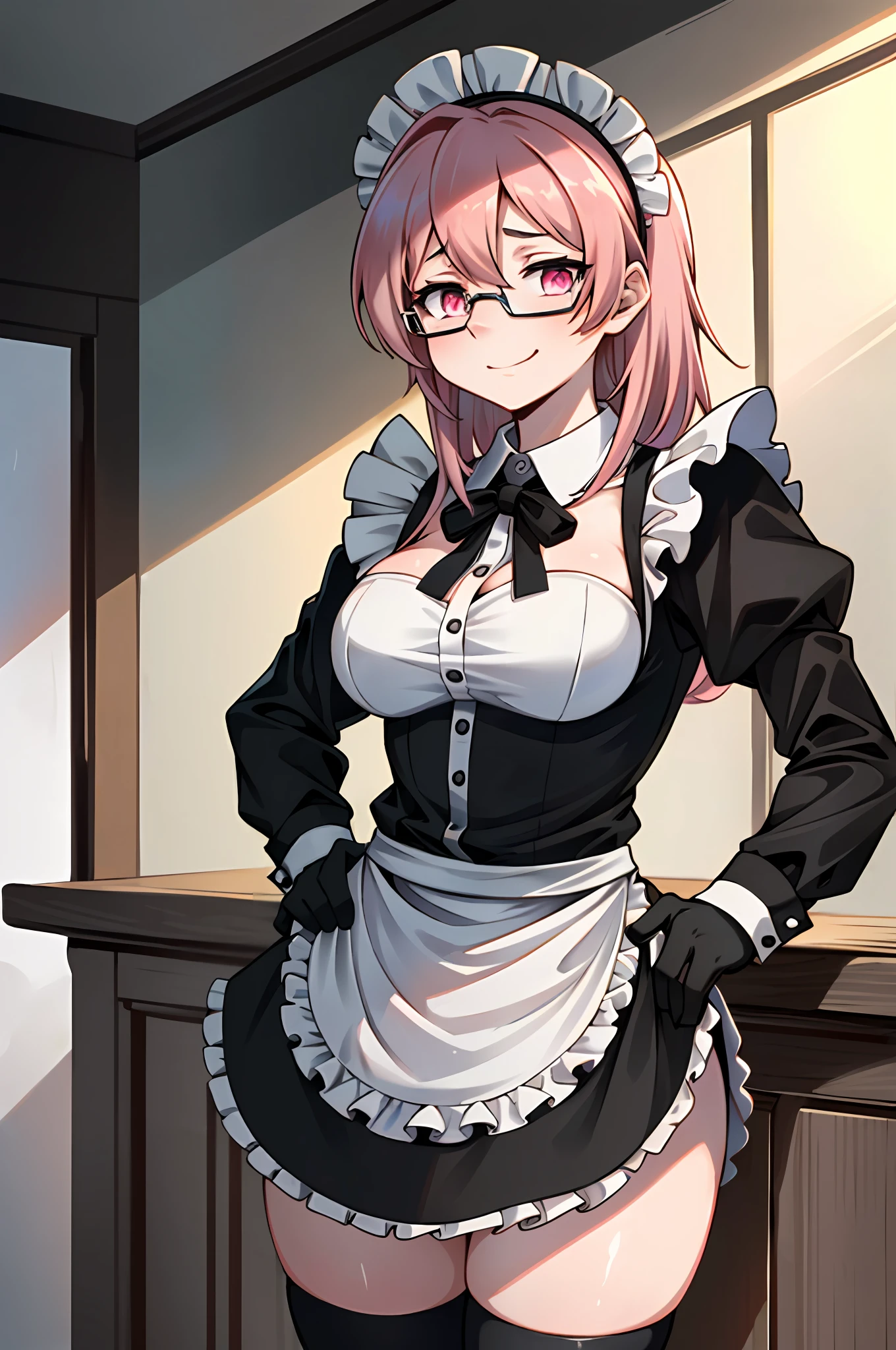(masterpiece, best quality)), (Anthro furry:1.3, muzzle:1.2, anthro:1.3, furry:1.2, closeup:1.2, female solo:1.2, (wearing maid clothes) Subjective smile, wearing glasses, Fox spiraled in the colors of Funtime Foxy,five nights at freddy,white skin pink details, pink eyes, standing position, realistic body and well done, hot female woman, sexy position, room ambient place, pink hair, with japanese anime maid hat, cute body,anime scared look