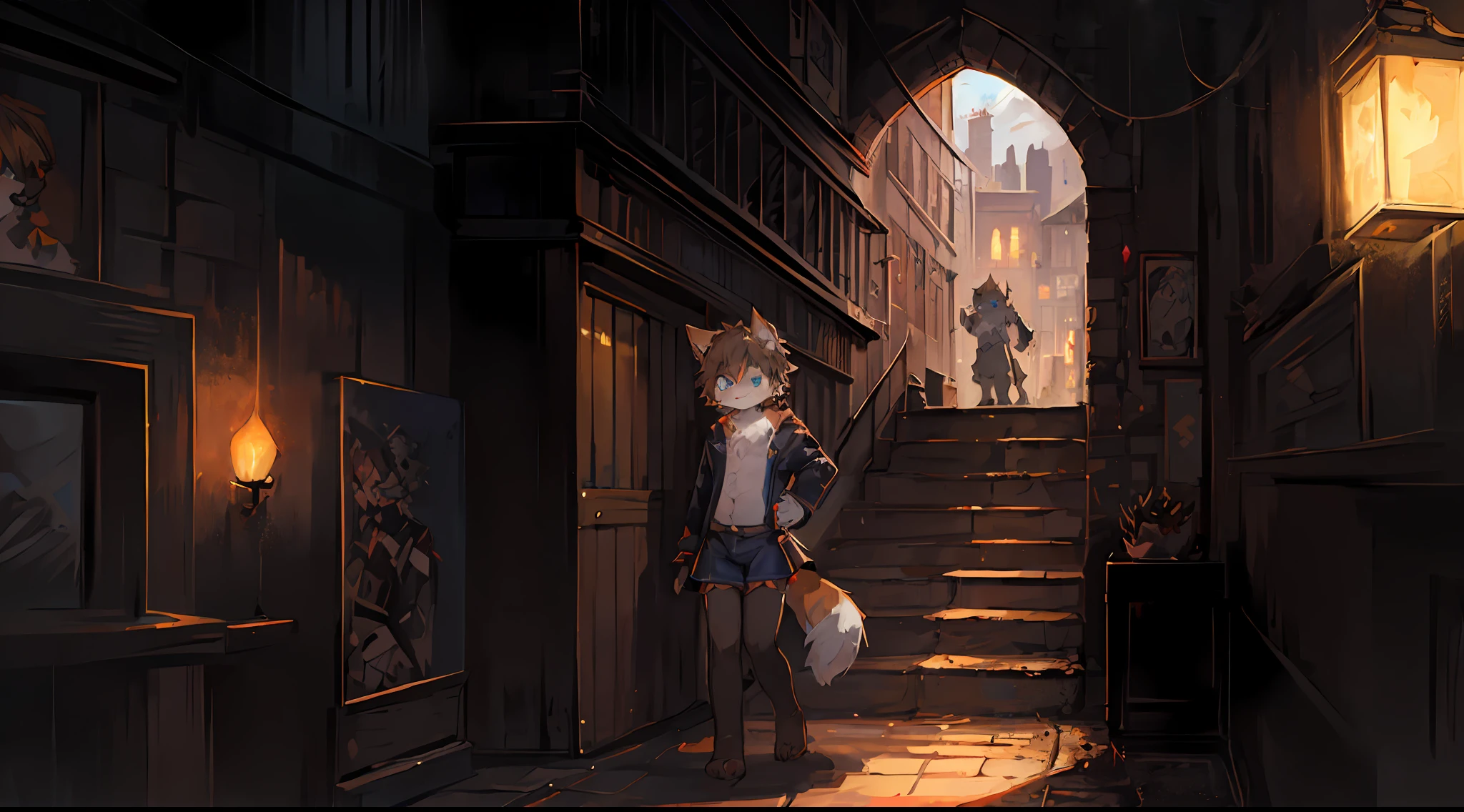 (Dark Environment: 0.8), Masterpiece, High Quality, Abstract Res, Digital Painting\(artwork\), by Dagasi, Yupa, Kiyosan, (Anthro, Fluffy Fur, Character Focus: 1.1), Anthro Male Cat, Short Hair, Portrait , panorama, character focus. (Detailed background: 0.5), Solo, Furry, Furry male, Male focus, Anthr, (full body fur, fluffy tail, white fur, blue eyes, brown hair: 1.2), (canine, magician, wand: 1.2), (exterior, daytime, stairs, chest: 1.1)