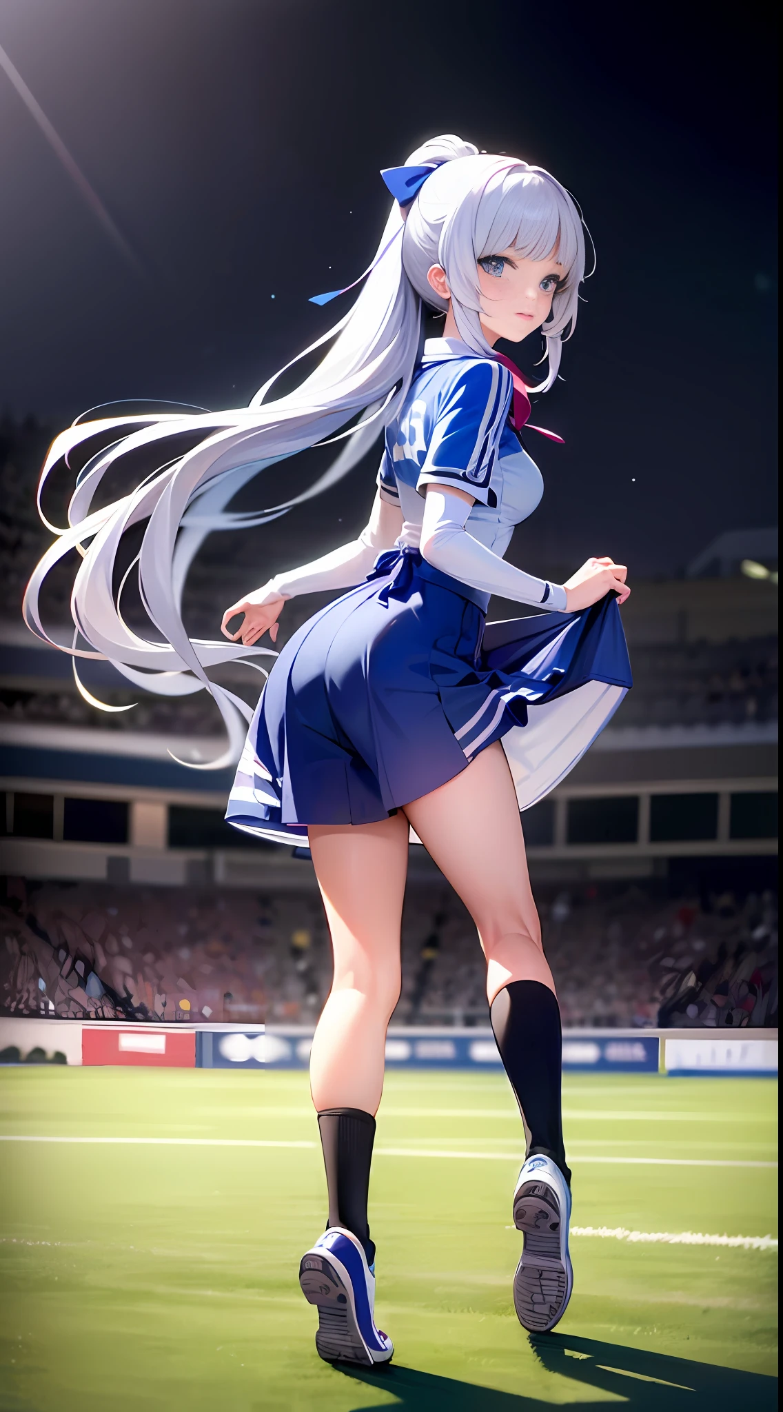 Cute European girl,((Best quality, masterpiece, ultra high res)), (photorealistic:1.4),highly detailed,professional lighting ,smile,Playing football ,in stadium, wearing tight football Jersey, and football shorts, futsal boots, sprinting towards the ball, snowy atmosphere, hyper realistic and cinematic, hyper detailed resolution image, 8k graphics, large stadium, full body, hyper close view, night time