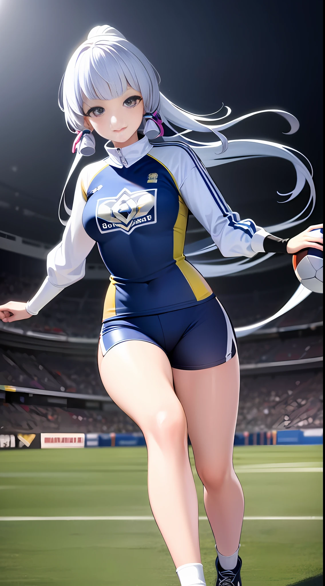 Cute European girl,((Best quality, masterpiece, ultra high res)), (photorealistic:1.4),highly detailed,professional lighting ,smile,Playing football ,in stadium,  wearing tight football Jersey, and football shorts, futsal boots, sprinting towards the ball, snowy atmosphere, hyper realistic and cinematic, hyper detailed resolution image, 8k graphics, large stadium, full body, hyper close view, night time