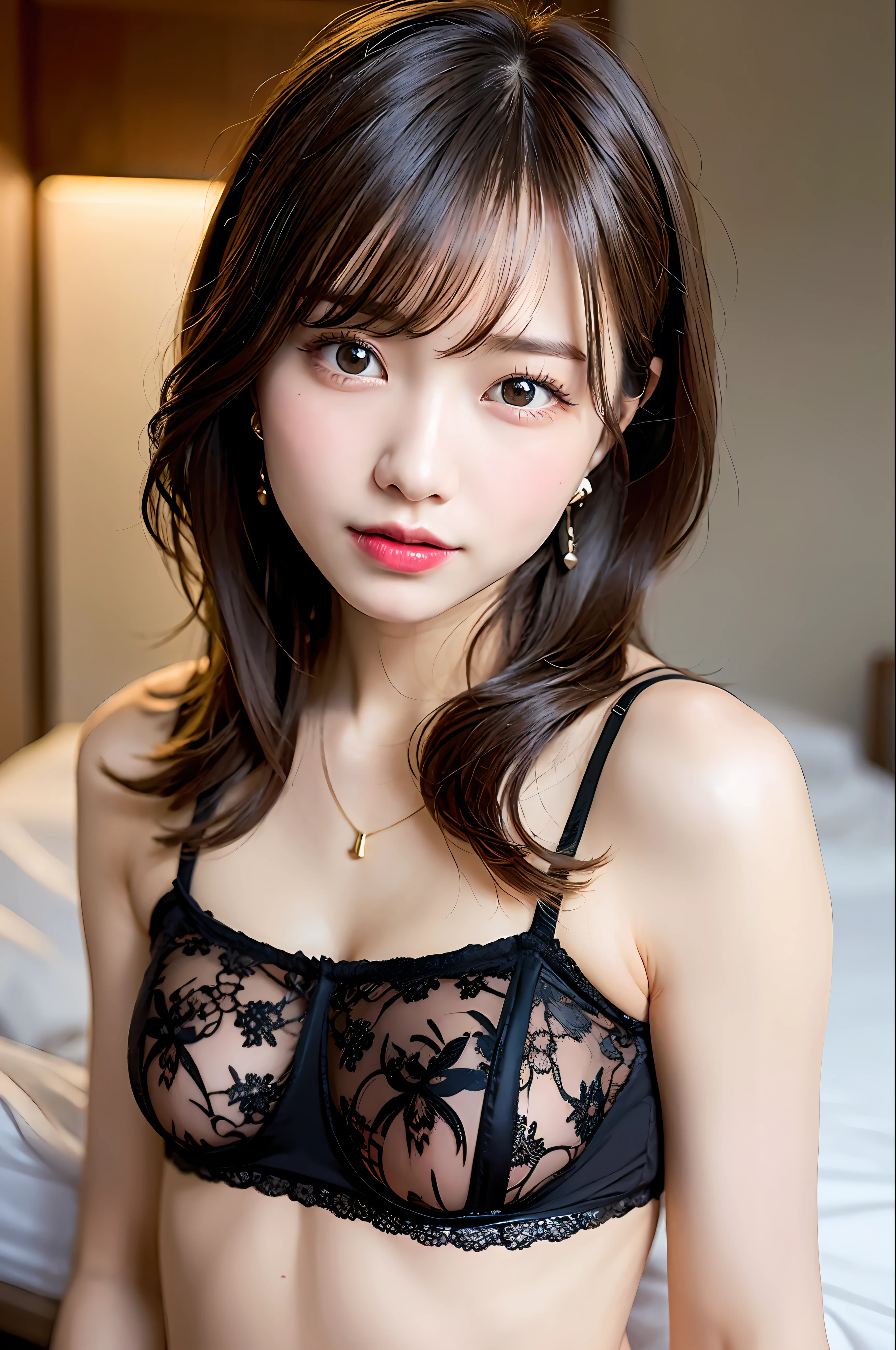 masterpiece, masterpiece, best quality, best quality, real, unity, 8k wallpaper, official art, highly detailed cg unity 8k wallpaper, ulzzang-6500, (original: 1.2), (real: 1.4), ultra detailed, high resolution, ultra detail,fantastic, fine detail, cinematic lighting, (1girl:1.4), (brown|black hair:1.4), medium hair, (realistic skin:1.2), (light brown skin:1.2),(small), beautiful girl beautiful details, highly detailed eyes and face, eyes with beautiful details, huge file size, super detailed and beautiful, blush, embarrassing, (laughs: 1.2), black eyes, model shooting style, full body shooting, (random colored lace underwear), earrings, chain necklace, on bed, red lip, succubus, red lace underwear, big, soft breasts, double eyes, tattoo