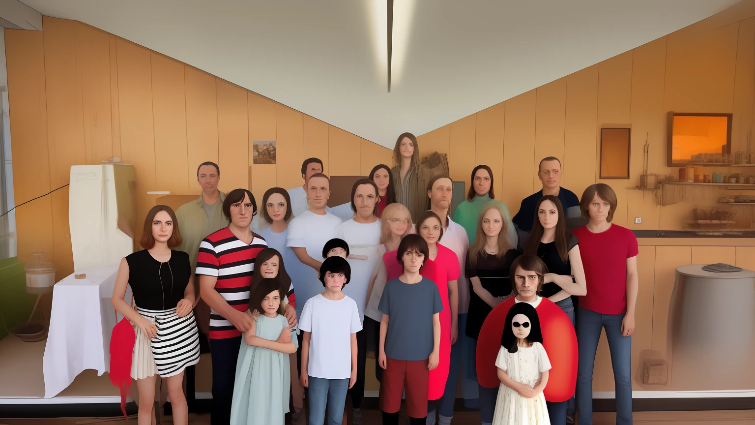 groupe photo, family together as a real-life version of (Anton Chigurh \(No Country For Old Men\):1.2), (in a post-apocalyptic world:1), by Gustaaf Martinus Oosterling and Ayman Lotfy ultra realistic highly detailed intricate photorealistic analog style photograph