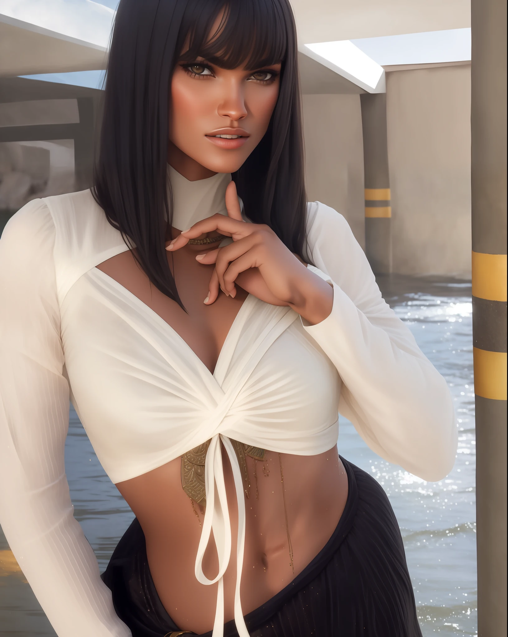 portrait face photo of  Aprild beautiful woman with bronzed skin, as an Egyptian goddess, wading waist deep in the nile,  (masterpiece) (best quality) (detailed) (8k) (HDR) (wallpaper) (cinematic lighting) (sharp focus) (intricate)[ Style-Hamunaptra]