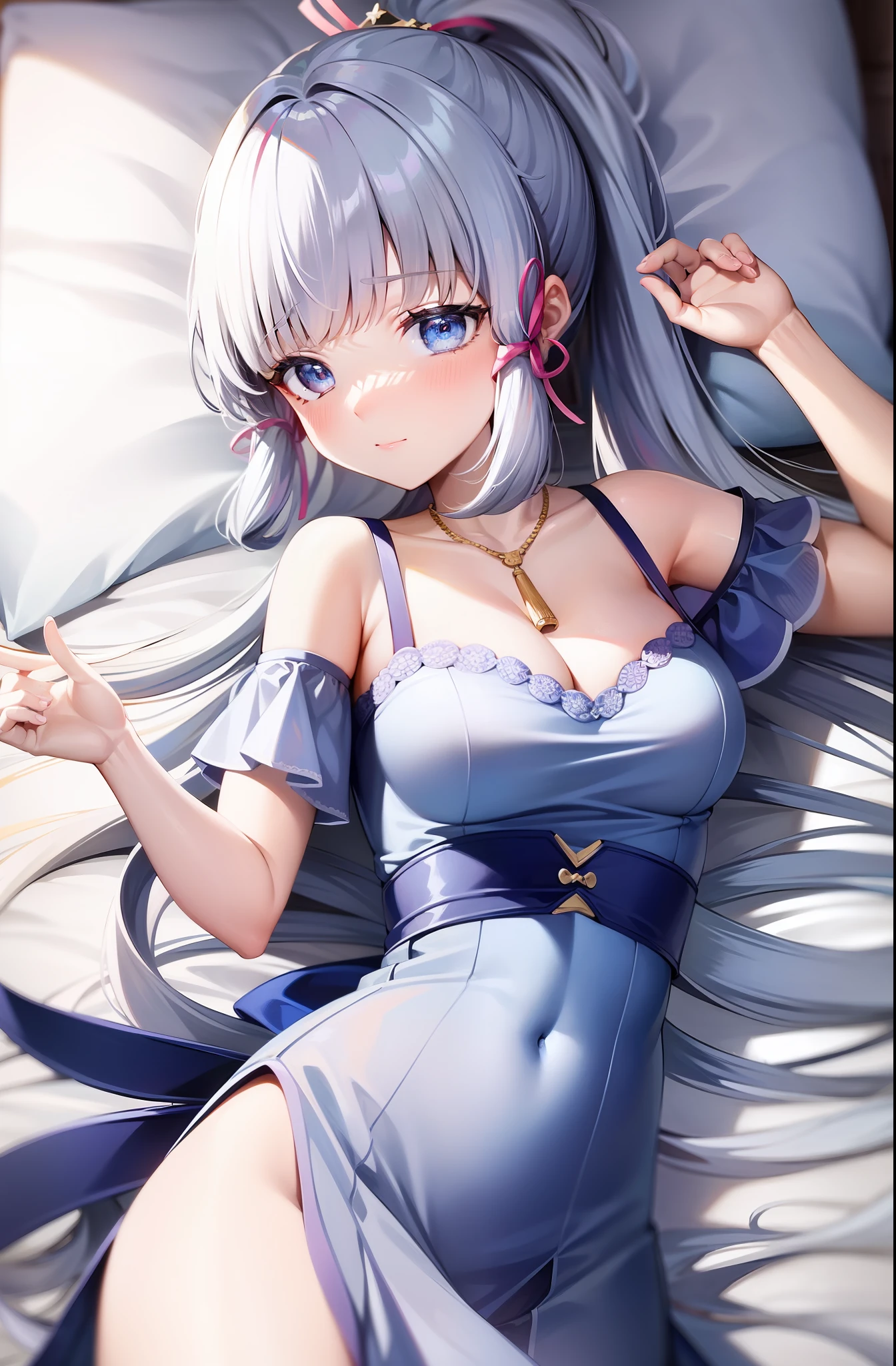there is a woman laying on a bed with a pillow and headphones, girl cute-fine-face, with cute - fine - face, chiho, kamisato_ayaka, ayaka hair ornament,cowboy shot,ponytail, blunt bangs,blue eyes, closed mouth, eyebrows visible through hair, long hair, silver hair, medium bust