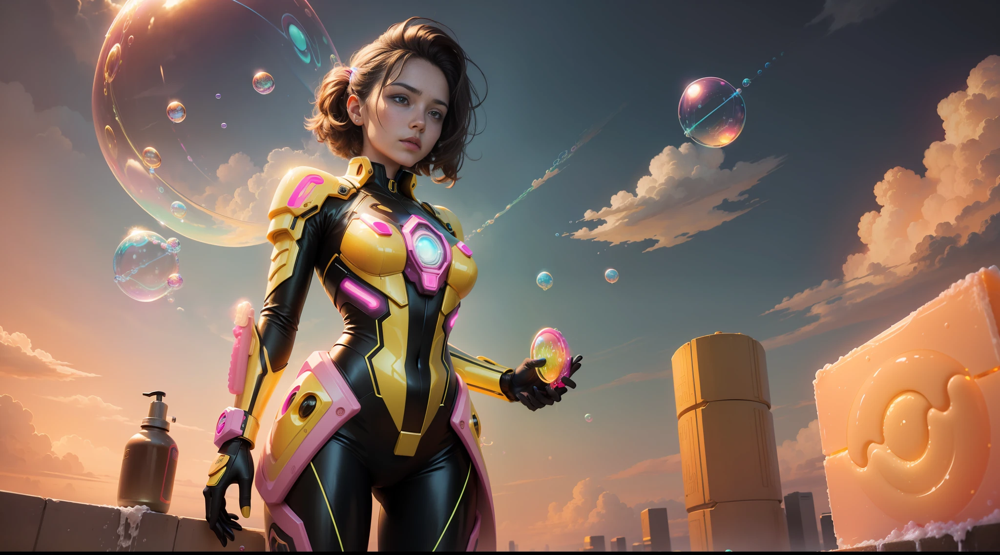 hd masterpiece, one standing woman, detailed face, mid shot, golden sci fi suit, ((colorful clouds)) and (((neon soap bubbles))), sky background