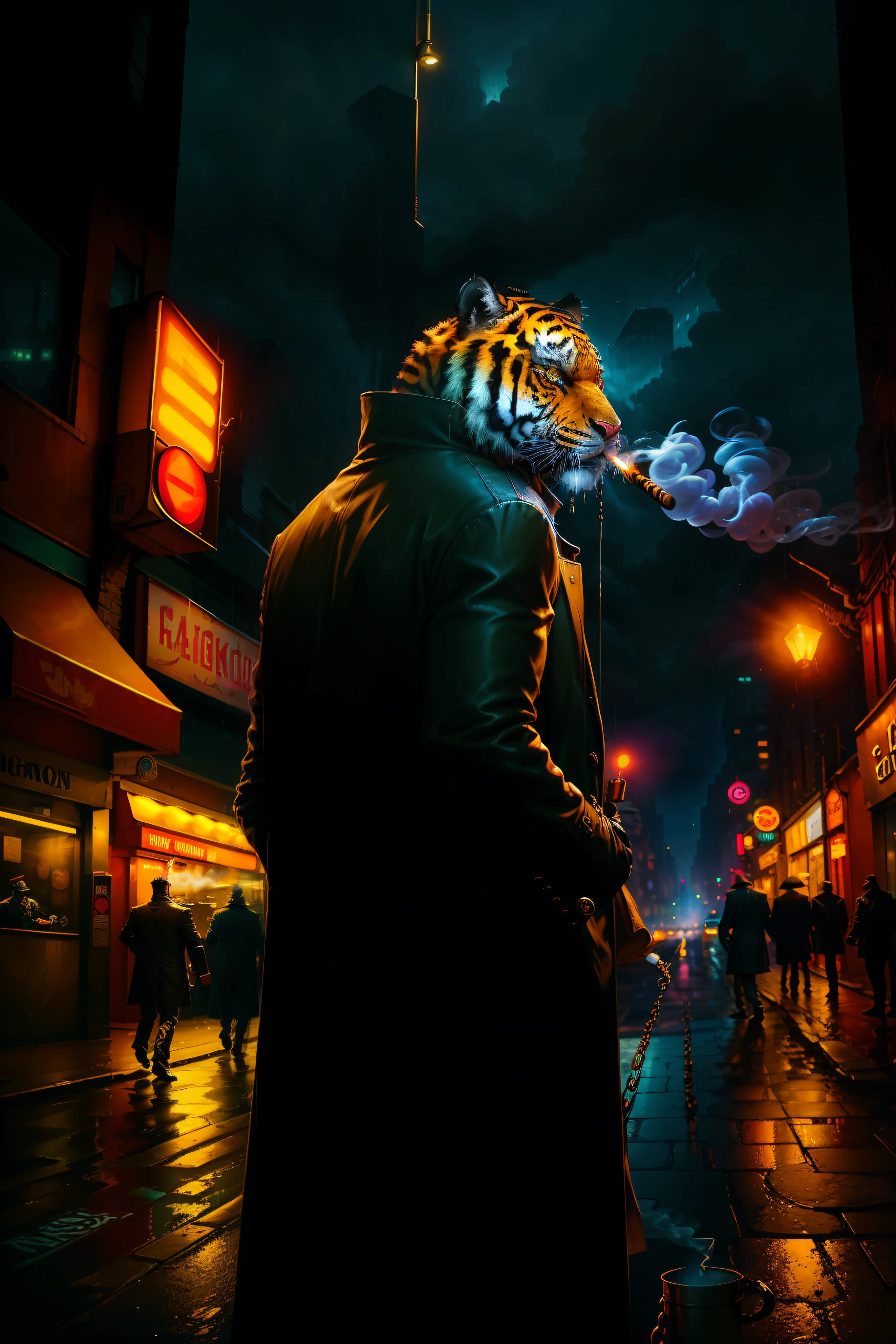 ((realistic)), (detail)), illustrations, scene perspective (urban setting), character appearance (stylish overcoat, gold chain, tiger head and humanoid body wearing ring, imposing air, rainy night, smoking a cigar while smoking a cigar), background elements (wet streets with city lights, neon signs, buildings in the background).
