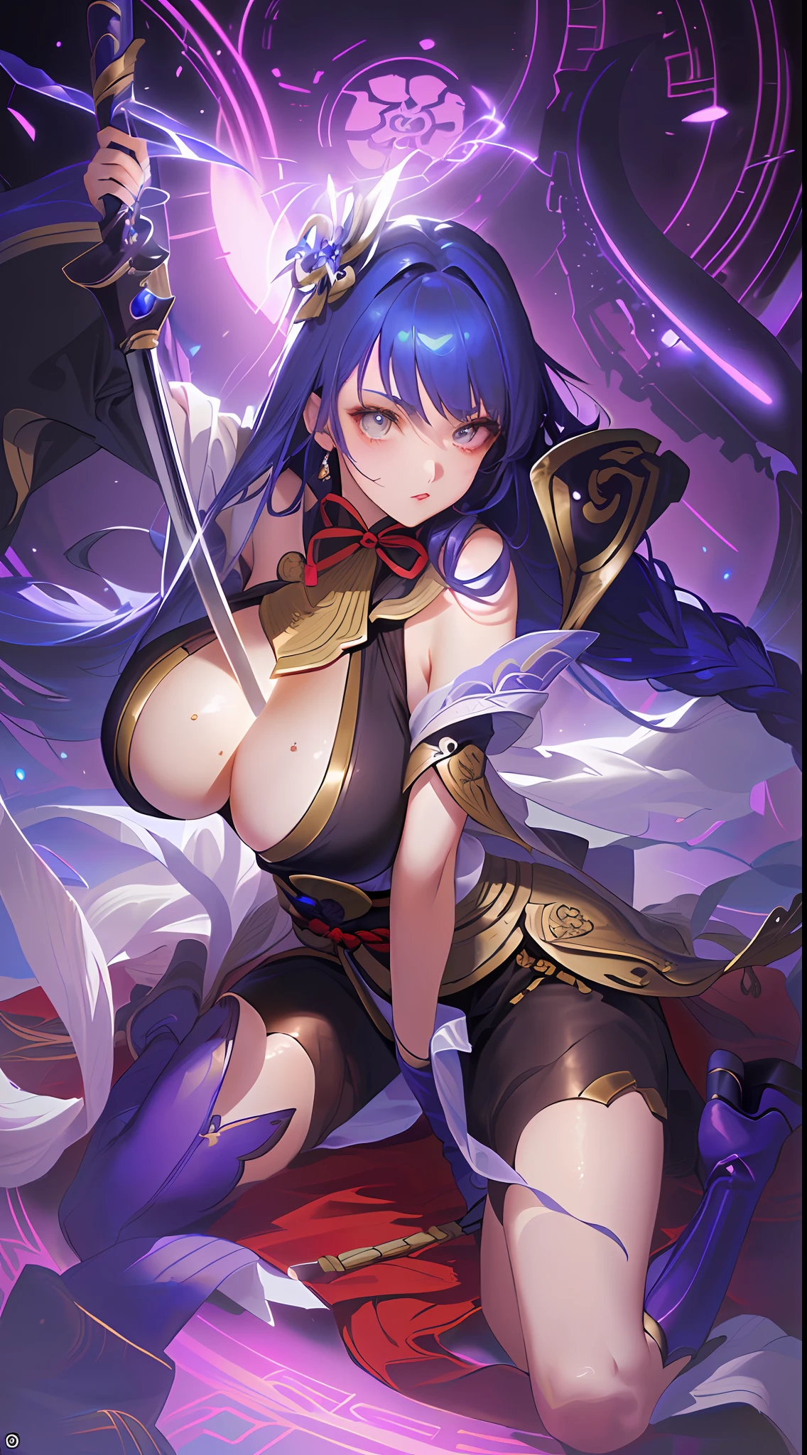 Genshin Raiden Shogun, anime girl sitting on bed with sword and purple dress, 2.5D CGI anime fantasy artwork, anime fantasy artwork, inspired by Masamune Shirow, 8k high quality detailed art, detailed digital anime art, badass anime 8 K, anime fantasy illustration, anime goddess, high detail official artwork, Shirow authentic style, detailed anime artwork, goddess, beautiful facial features, ultimate face, Guillem H. Pongiluppi, high quality digital concept art, by Bayard Wu, concept art wallpaper 8K, 8K HD wallpaper digital art, (dynamic angle: 1.4), depth of field exotic_Dance, PerfectNwsjMajic, (Obra-prima, top quality, best quality, official art, Beauty and Aesthetics: 1.2), Extreme Detail, Colorful, Supreme Detail, Obra-prima, Best Quality t, Reality, Asian Goddess, Soft Curved Shape, Movie Goddess Body Shot, Beautiful Goddess, Extremely Detailed Goddess Shot, Realistic, 1girl,] glowing eyes, huge breasts, hair between eyes, long hair, View viewer, (shiny skin), (Masterpiece: 1.4), (Best Quality: 1.4) ,,, Facigirl, Red Lips, (: 1.5), (Clear Areola), Chubby, Huge, Sweaty, Fleshy Astock, Plump Body