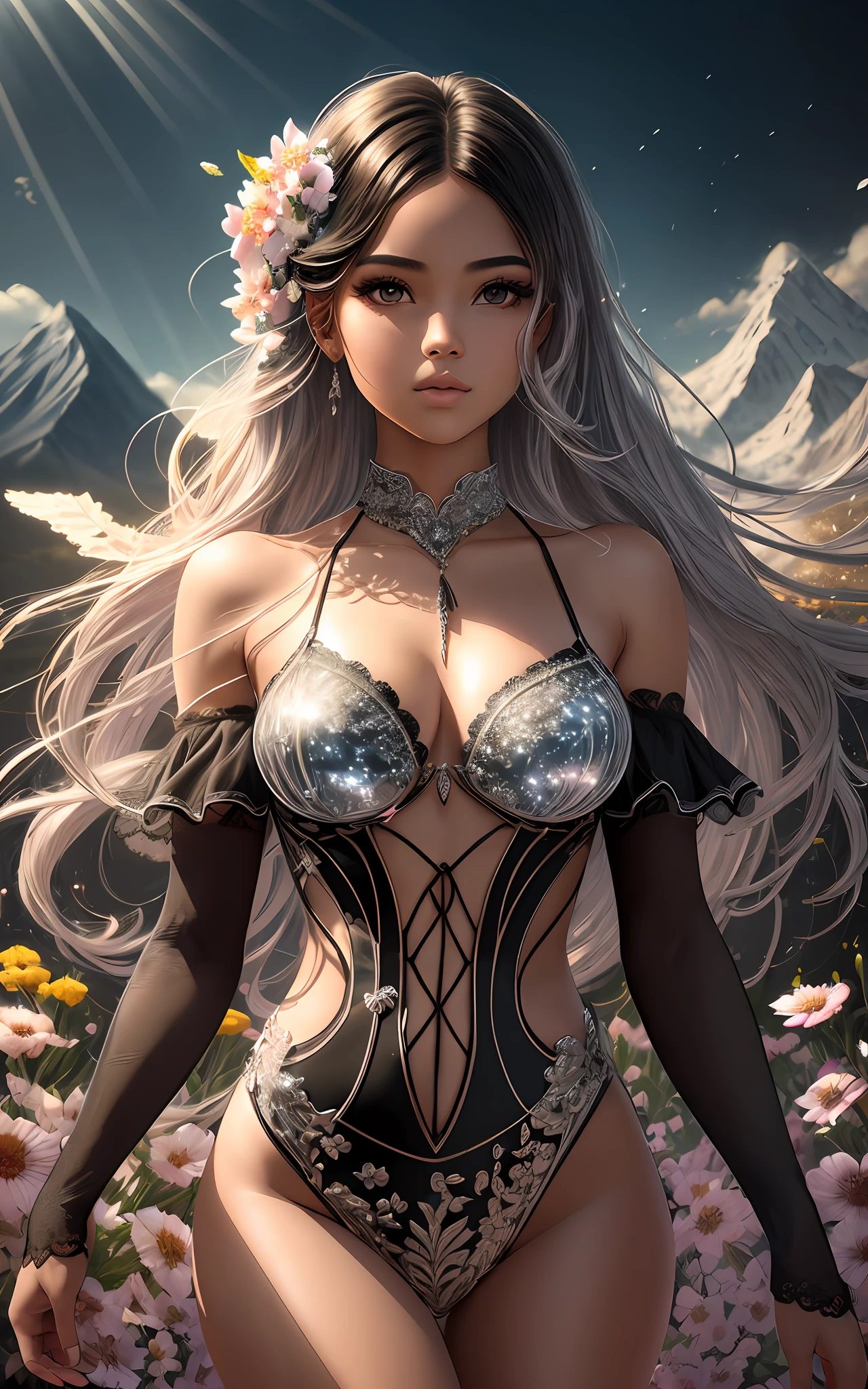 award winning 64k concept art of (black 1girl:1.3) in majestic open dress made of flowers bravely, posing, mountains, epic, god rays, centered, upper body, (masterpiece:1.2), (best quality:1.3), Amazing, highly detailed, beautiful, finely detailed, warm soft color grading, Depth of field, extremely detailed 64k, fine art, stunning, iridescent, (shiny:1.2), (light reflections:1.3), (crisp:1.6), silver curls, spring, vibrant, sunlit, (edge detection:1.4), absurdres, impressive, 120mm, outlining, wide thighs, glittering, lights