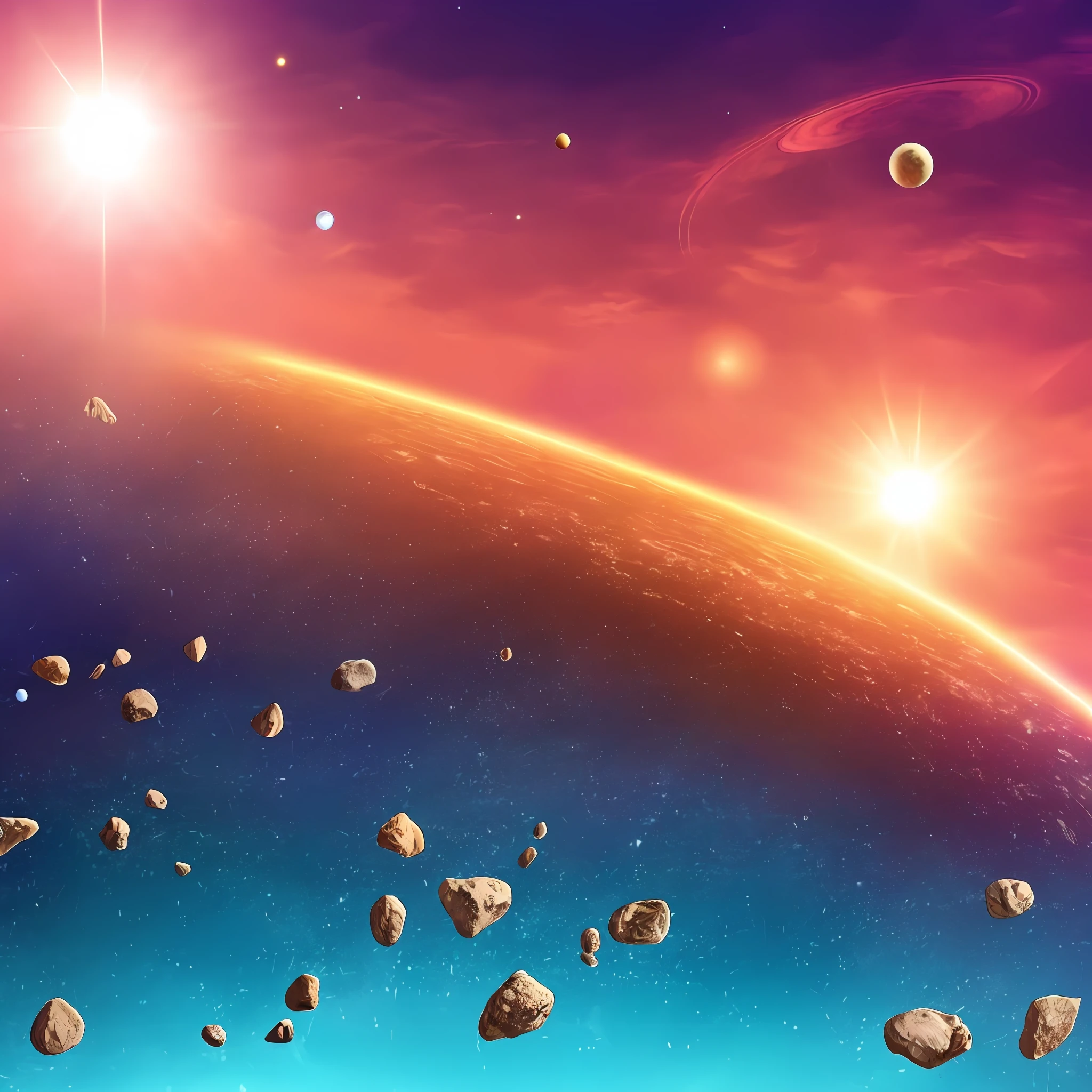 a beautiful scene of a solar system with four planets, asteroids and rocks floating in space, bright light, dwspop space