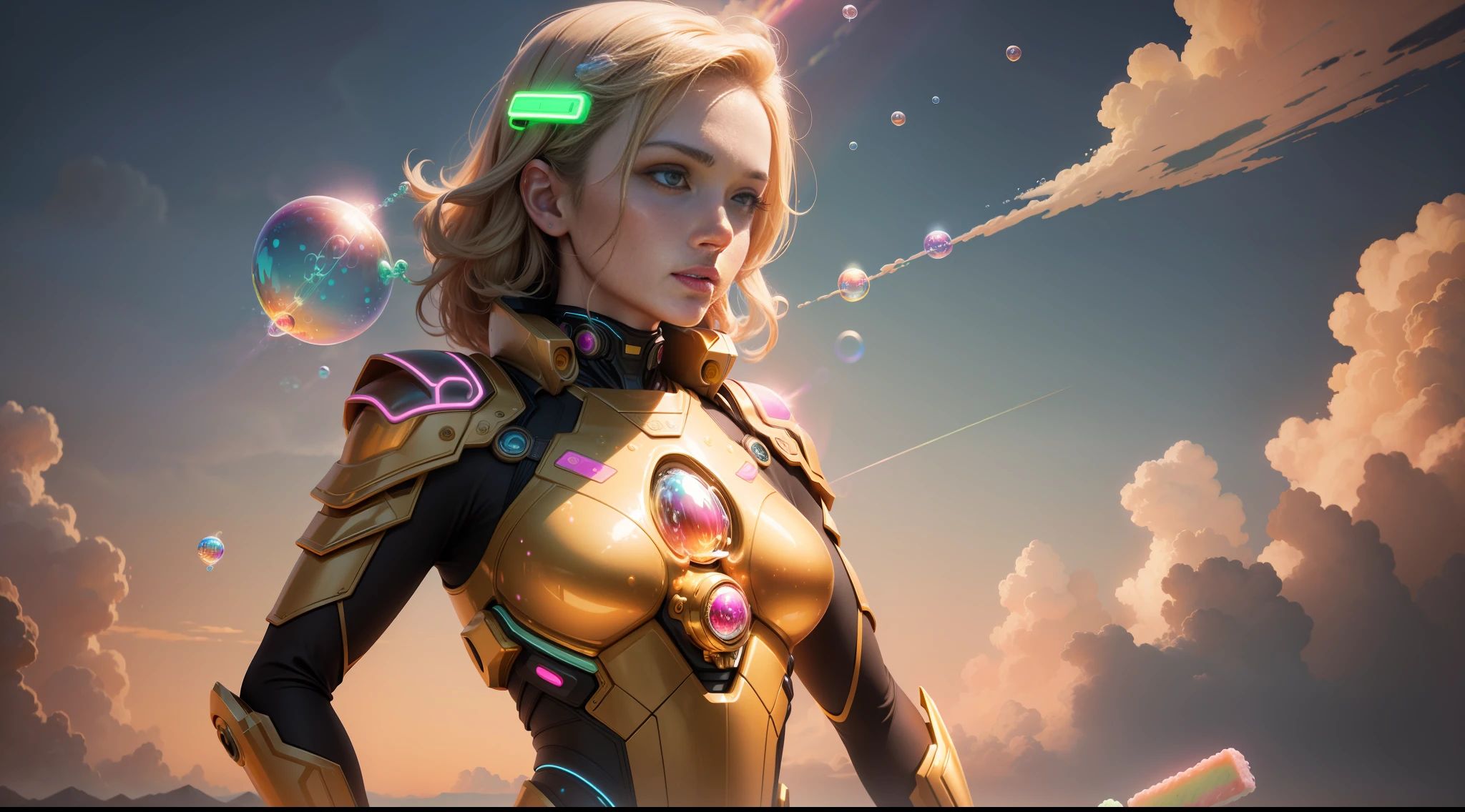 hd masterpiece, one standing woman, detailed face, mid shot, golden sci fi suit, ((colorful clouds)) and (((neon soap bubbles))), sky background