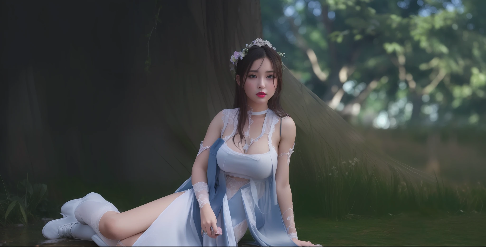 (masterpiece, best quality, extremely detailed 8k, ultra hd, ultra-detailed, highly detailed, highly realistic, ultra-realistic, photo realistic), (1girl:1.5), (detailed realistic skin), (realistic big breasts), (pink lipstick), slender abs,