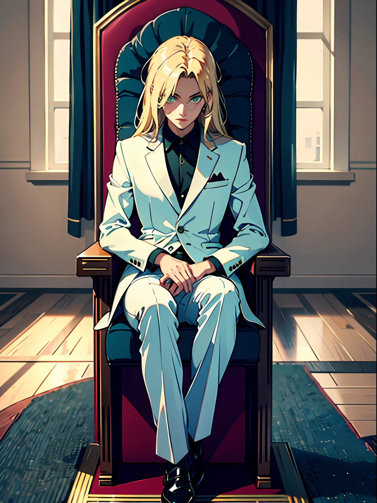 (best quality, masterpiece), 1 man, solo, (blond, long straight hair), (green eyes, bright pupils, sharp look), elegant white suit, (sitting on a throne),