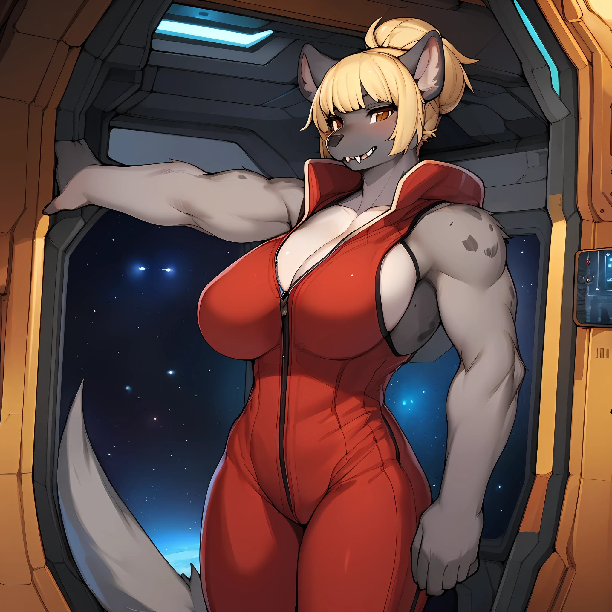 By omega56, by con5710, by Vader-san, by bebebebebe, by sindoll, by cervina7, solo, female, big breasts, muscular, hyena, grey fur, grey body, spotted fur, teeth, fangs, massive biceps, defined abs, golden tooth, blonde hair, up do, hair bun, brown eyes, detailed eyes, detailed hands, bangs, hair bangs, red jumpsuit, red spacesuit, space, spaceship, window