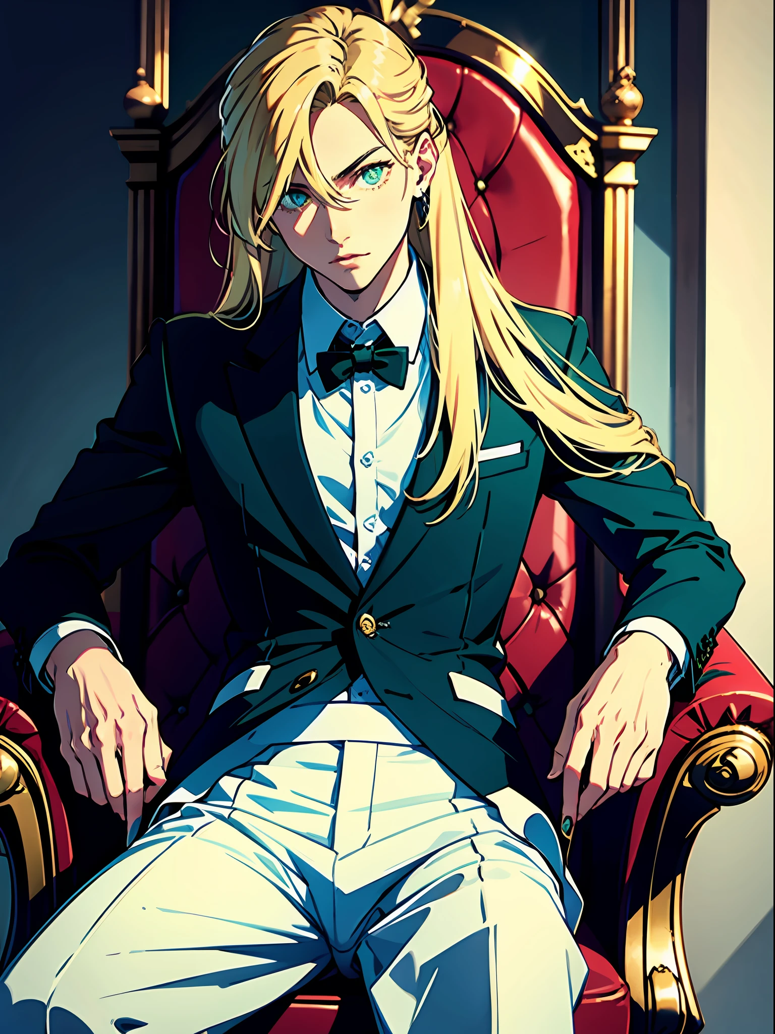 (best quality, masterpiece), 1 man, solo, (blond, long straight hair), (green eyes, bright pupils, sharp look), elegant white suit, (sitting on a throne),