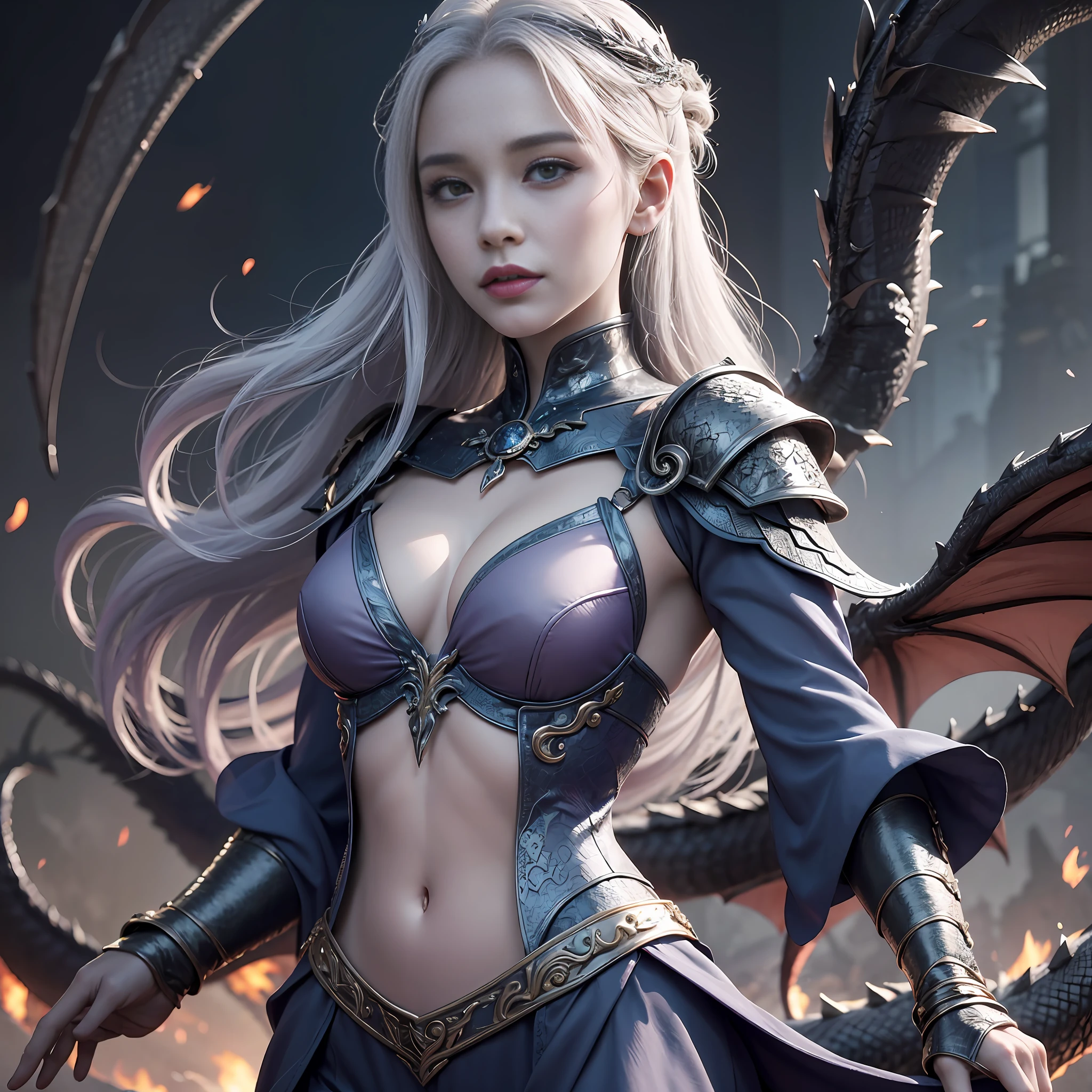 1. Appearance: Dragon Mother is a beautiful and charming woman with silver hair and purple eyes, her skin is pale and smooth, her demeanor is elegant, and her body is petite.
2. Personality: Mother Dragon is a resolute and fearless woman who is full of justice and maternal love, and unconditionally protects and supports her family and friends. She is intelligent and decisive in her decisions, but also passionate and impulsive.
3. Abilities: Dragon Mama has the ability to control and control dragons, she can communicate with dragons minds, and fight through dragon powers. She is also a leader who is good at motivating and leading people.
4. Battle Status: Dragon Mama shows great fighting skills and courage in battle, she can ride a dragon through the air and use Dragon Burn to attack enemies. She also possesses swordsmanship and strategic skills, making quick decisions in battle, and is also adept at using political means to gain support and allies.
5. Backstory: The Dragon Mother's real name is Daenerys Targaryen, and she is the last descendant of the exiled Targaryen dynasty. She gradually grew into a powerful leader who hoped to regain the throne of her family and eliminate injustice and injustice. By uniting with dragons, she becomes a true dragon mother and leads her dragons and loyal followers to conquer the Seven Kingdoms. --auto --s2