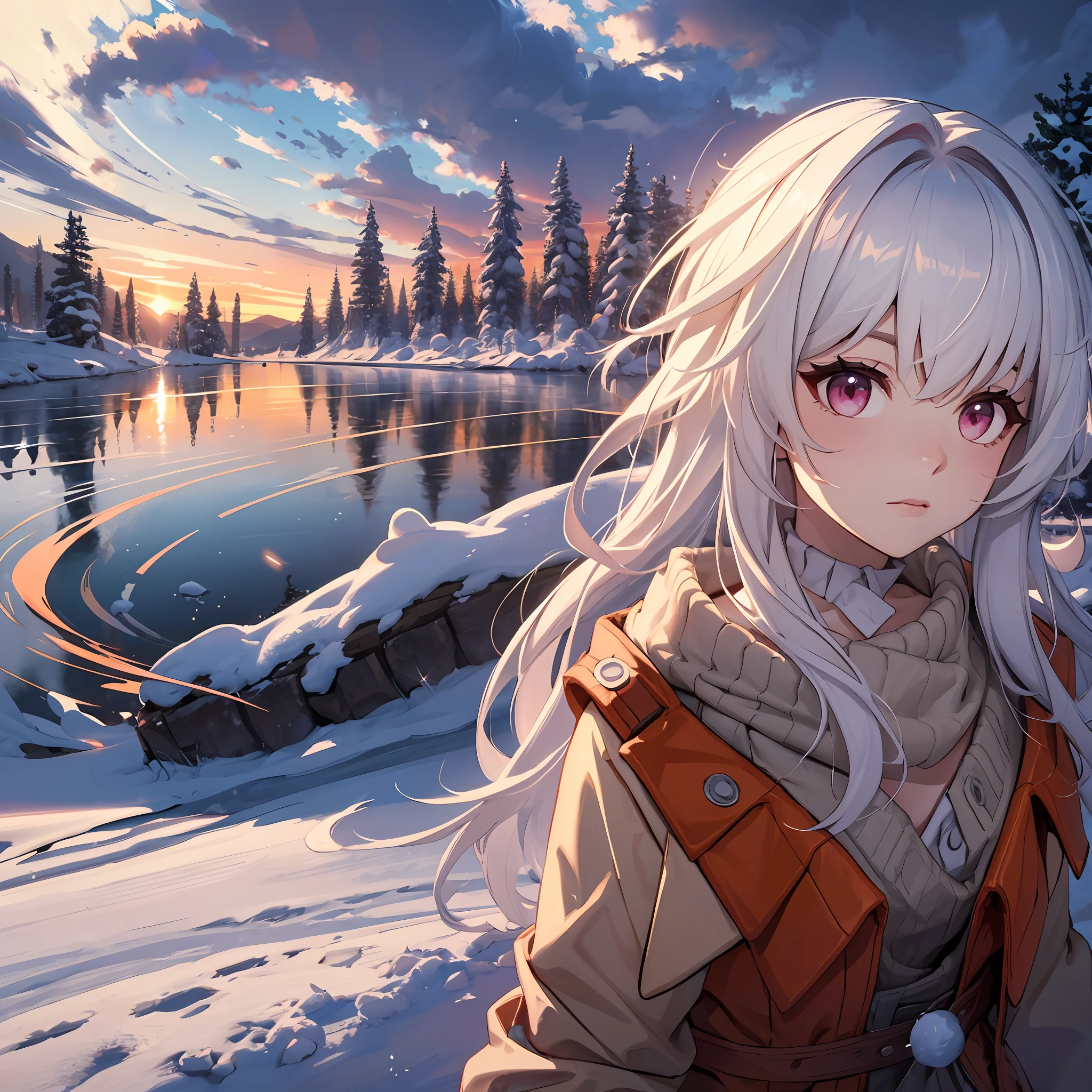 Clara, Honkai Star Rail, mountain background with snow, 1 cute girl, red eyes, white hair, film grain, flower, backlighting, reflection light, god rays, blurred, cinematic lighting, motion blur, masterpiece, best quality, masterpiece, super detail, high quality, best quality, 16k, HD, high details, detailed eyes, eye sparkles,