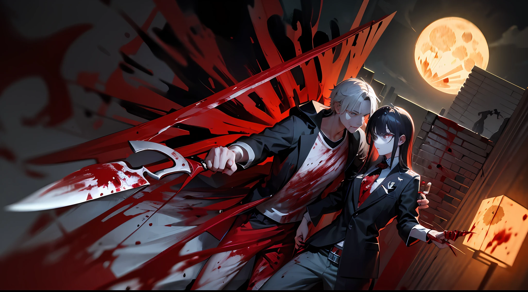Knife handle on chest, blood on knife, blood on face, blood on clothes, blood on hands, two people, 1gril stabbing 1boy with a knife, chase, assassination, assassination, (illustration: 1.0), serial, masterpiece, best quality, Mid-Autumn Night, (Killing Night: 2)