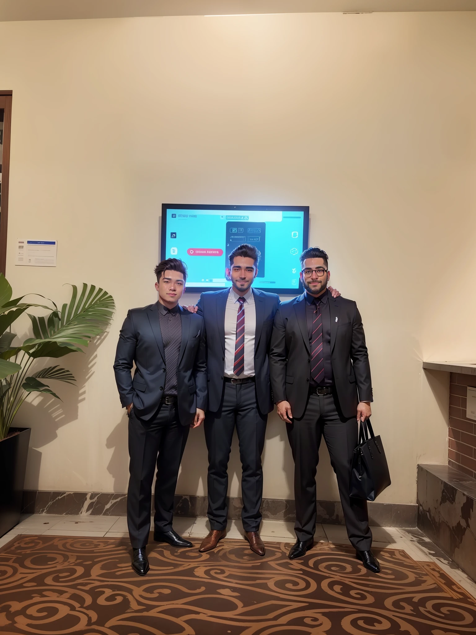 Let's make the photo more cool. The 3 faces in the photo are more handsome, smiling, with neat hair, no beard, and a well-proportioned body. The person carrying the bag must slim down, it's best to look like a model with a perfect body