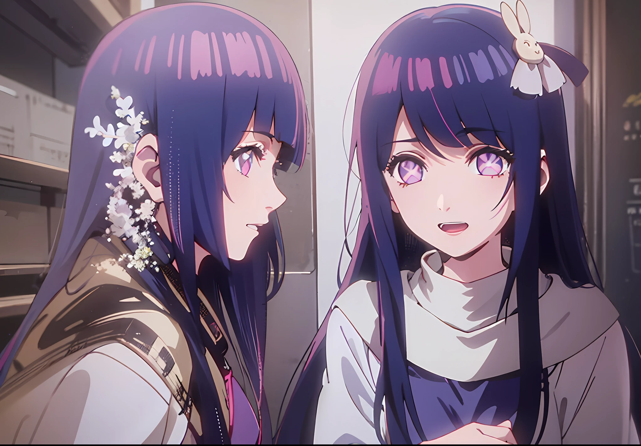 1girl, Hoshino Ai, long hair, dark blue hair ,purple eyes, hair ornament, blunt bangs, hinata hyuga as hoshino ai