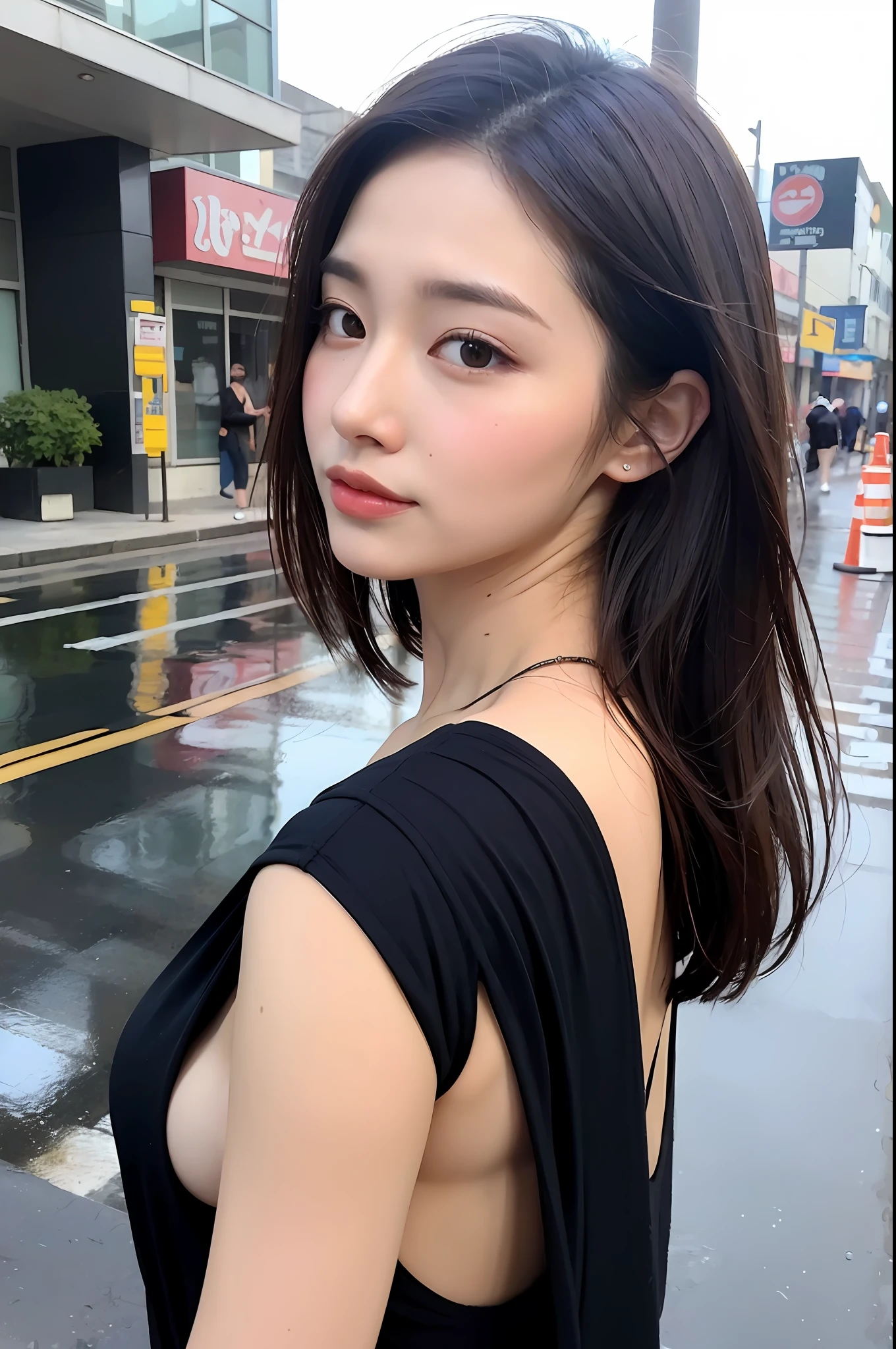 ((Best Quality, 8K, Masterpiece:1.3)), Focus: 1.2, Perfect Body Beauty: 1.4, Buttocks: 1.2, ((Layered Haircut, Breasts: 1.2)), (Wet Clothes: 1.1) , (Rain, Street:1.3), Bandeau Dress: 1.1, Highly Detailed Face and Skin Texture, Delicate Eyes, Double Eyelids, Whitened Skin, Long Hair