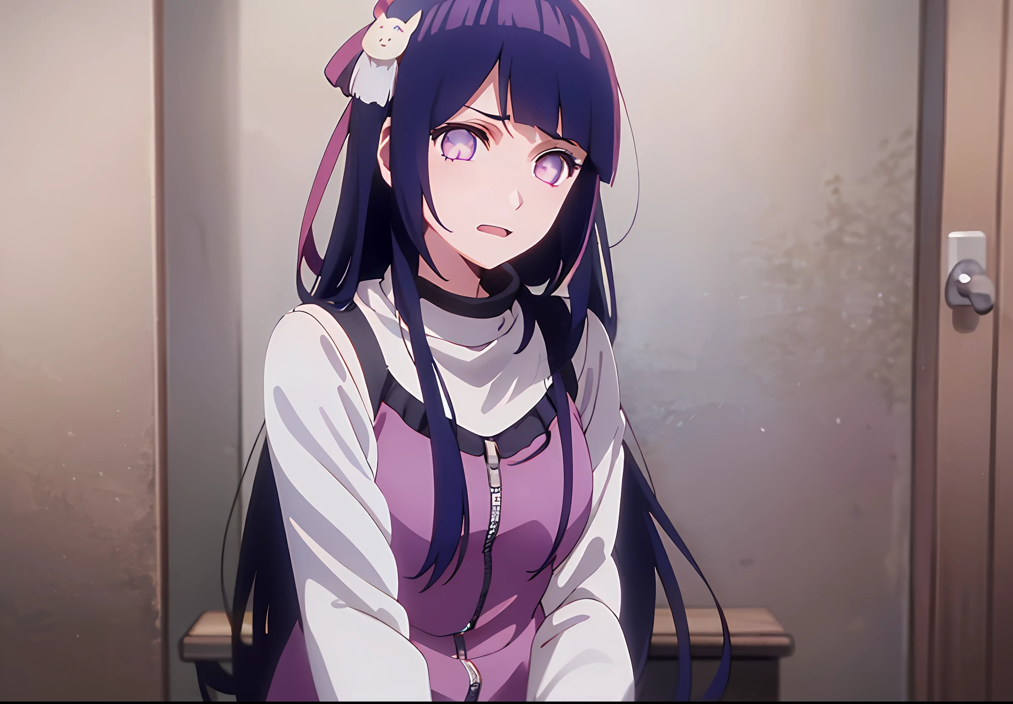 1girl, Hoshino Ai, long hair, dark blue hair ,purple eyes, hair ornament, blunt bangs, hinata hyuga as hoshino ai