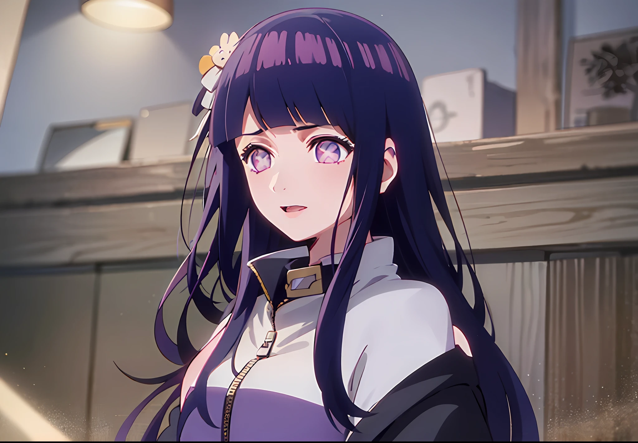 1girl, Hoshino Ai, long hair, dark blue hair ,purple eyes, hair ornament, blunt bangs, hinata hyuga as hoshino ai