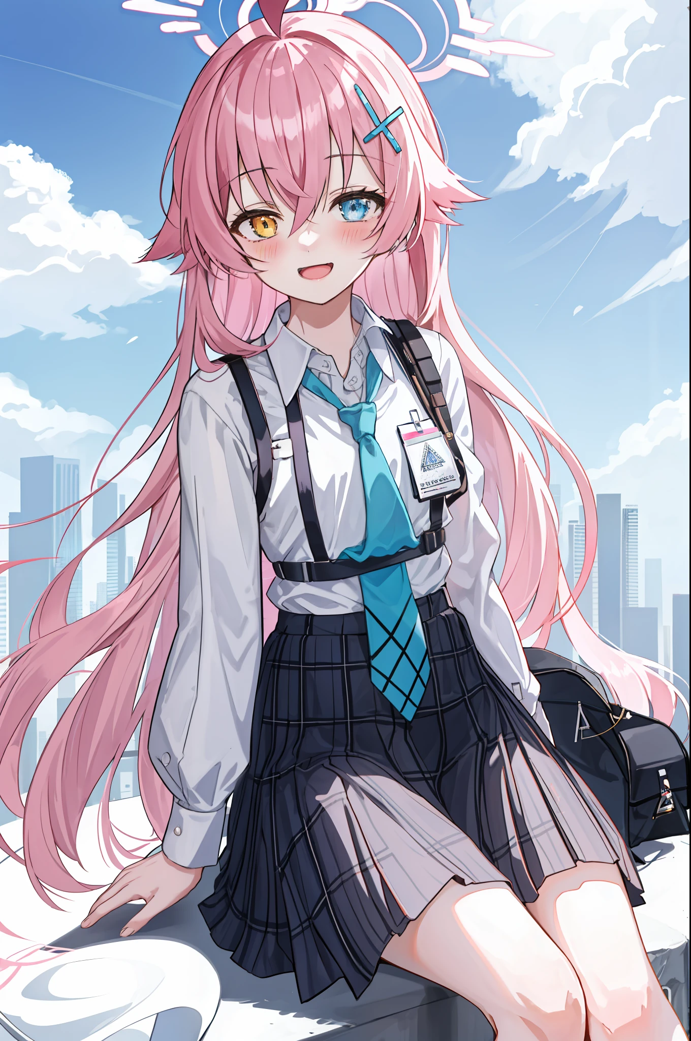 1girl, hoshino (blue archive), solo, heterochromia, pink hair, skirt, long hair, necktie, ahoge, shirt, halo, plaid skirt, blue eyes, plaid, looking at viewer, white shirt, sitting, orange eyes, chest harness, harness, long sleeves, id card, open mouth, very long hair, collared shirt, smile, blue necktie, bangs, feet out of frame, between legs, hand between legs, blush, hair between eyes, highres,masterpiece, best quality