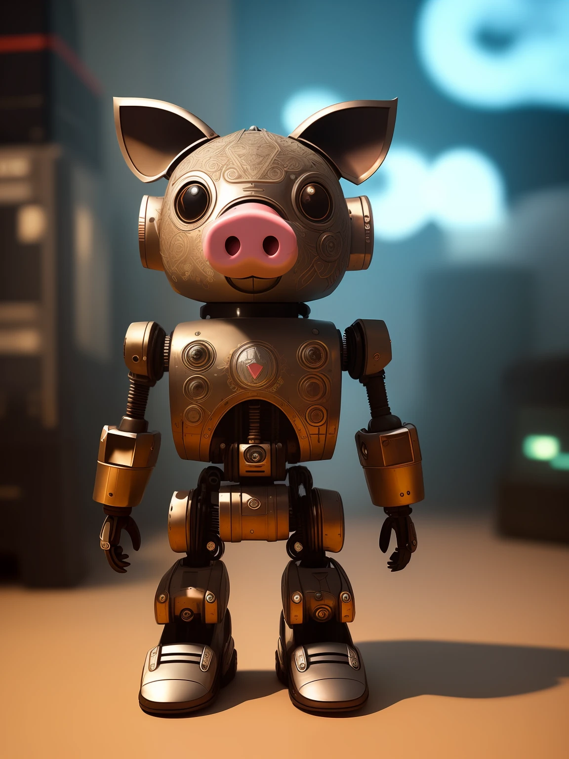 A cute pig made of metal, robot, cyberpunk style, ((intricate details)), HDR, ((intricate details, super detailed)), cinematic shots, vignettes