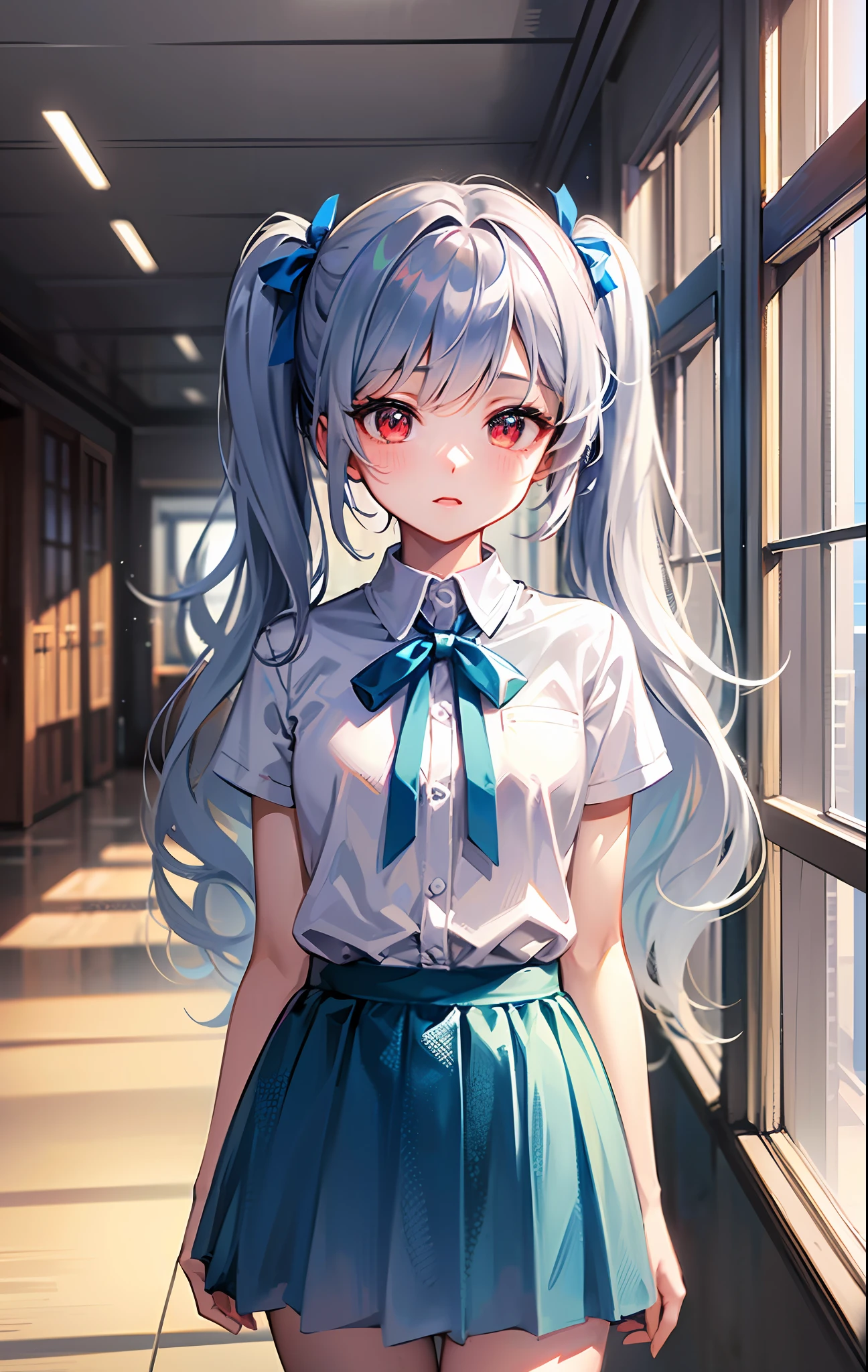 ((masterpiece)), (((best quality))), ((ultra-detailed)), ((illustration)), ((disheveled hair)),((solo)),((pov)),1girl, solo,loli,red eyes,silver hair,long twintails hair,(small chest),plain blue skirt, White Shirt, blue ribbon ,School hallway ,standing, background window,