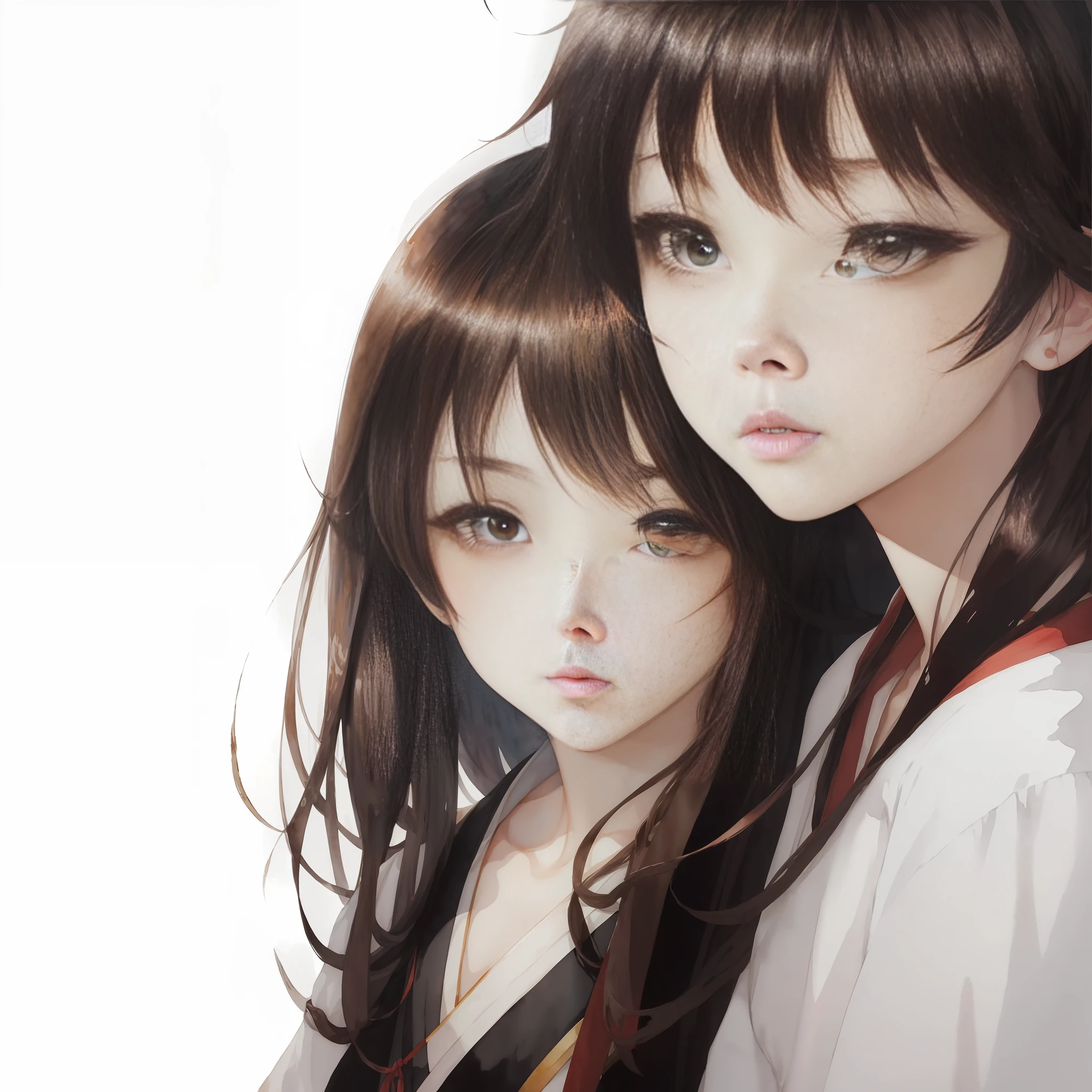 ANIME,WATERCOLOR,CHINESE,PAINTINGS,ARTSTYLE,(white background:1.4), original,(illustration:1.1),(best quality),(masterpiece:1.1), (colorful:0.9),(medium shot:1.4),upper body, clear sharp focus,indoors, looking at viewer,((beautiful)), pretty face,brown hair,black eyes ,INPAINTING , --auto