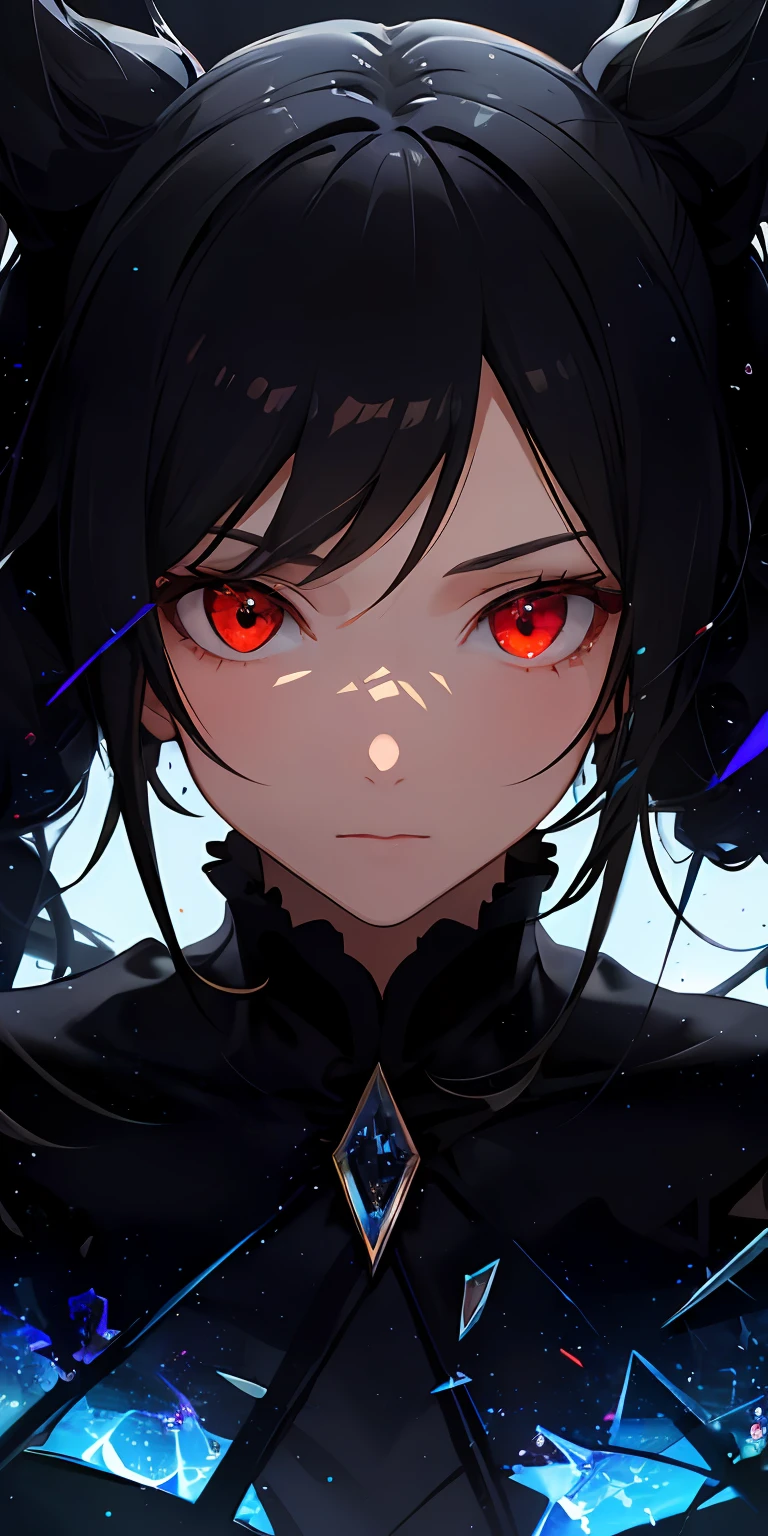 (masterpiece, best quality, super detail, best shadow), (detailed background, dark fantasy), (beautiful detailed face), high contrast, (best lighting, very delicate and beautiful), (cinematic light)), colorful, hyper detail, dramatic light, intricate detail, (one girl, solo, black hair, sharp face, low twin tails, red eyes, hair between the eyes, Dynamic Angle), blood splashes, black lights swirling around the character, depth of field, black light particles, (glass shards), magic circles,