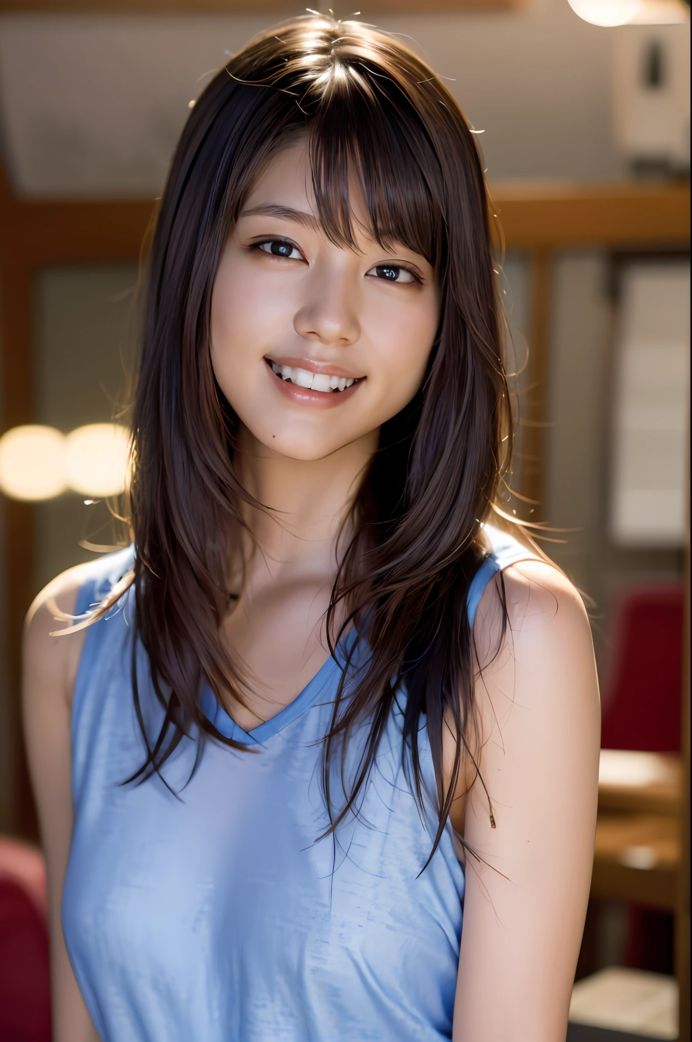 (8k, RAW photo, best quality, masterpiece: 1.2), (realistic, photorealistic: 1.37), ultra detailed, ultra high resolution, girl one, beholder, beautiful detailed face, smile, teeth, (feather cut: 0.6), tank top, panties, professional lighting, detailed room, indoors, face close-up photo, cheerful smile