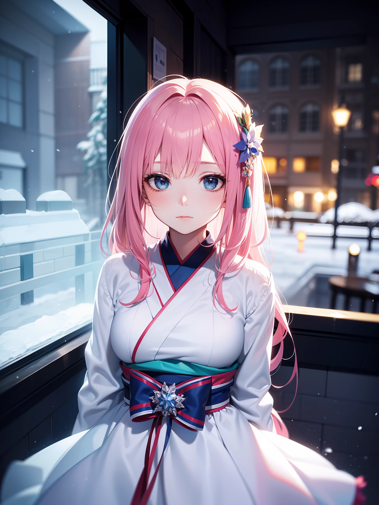 beauty, young woman, in crystal and ice area, fluttering snow, horseback riding, white hours, gradient hair, ,pink gradient hair:1.2) blue hair, long hair, eye reflection, disdain, ray tracing, reflected light, blur, glowing light, depth of field, chiaroscuro, stereogram, zoom layer, hanfu lens, official art, f/2.8, bokeh, masterpiece, best quality, high quality, hd