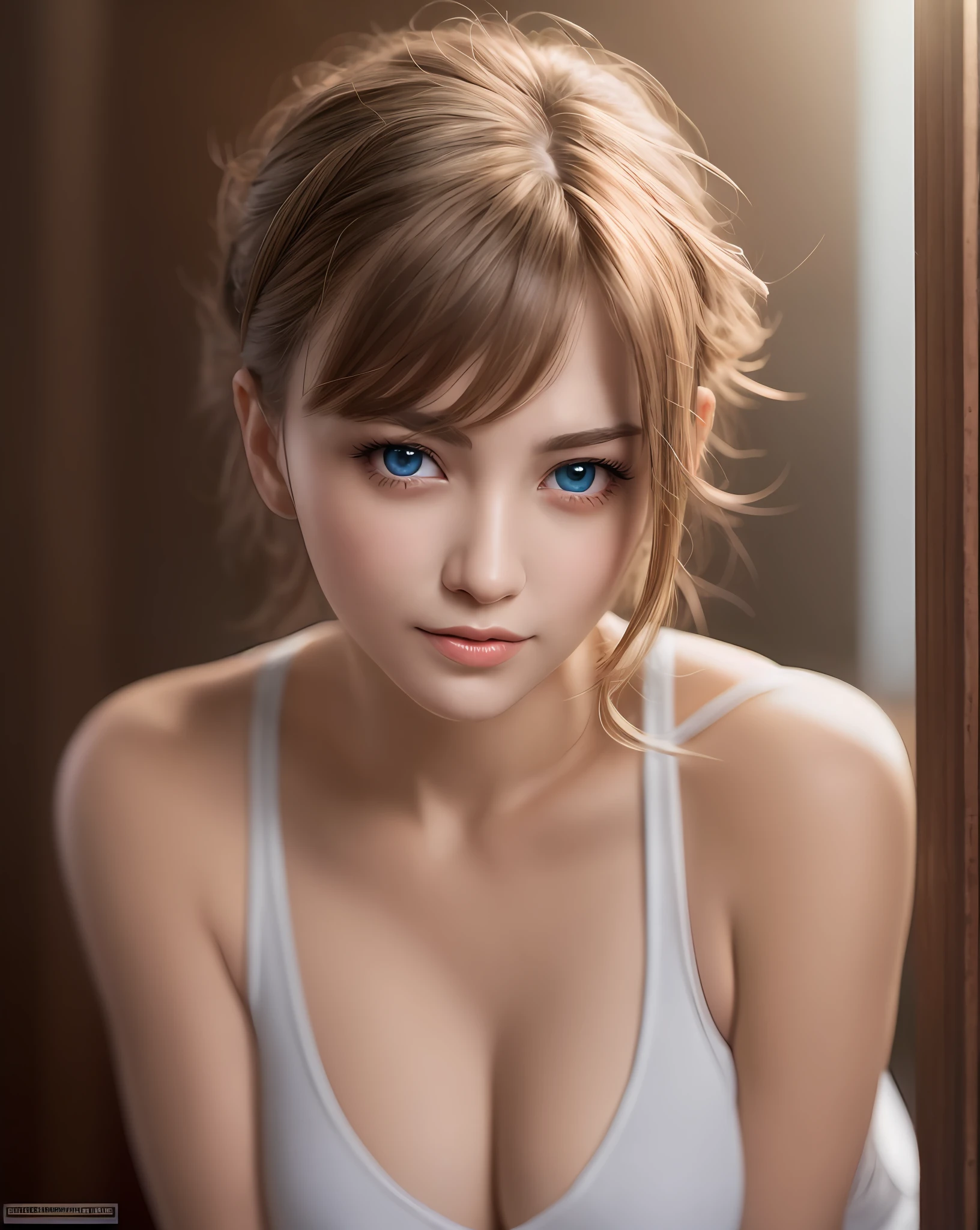 Top quality, ultra high resolution, (photorealistic: 1.4), beautiful eyes, super beautiful, short hair, beautiful breasts, lover, tank top, inviting eyes, lover's eyes, inviting expressions, sexy smile, perfect style, perfect balance, detailed skin, naughty gaze,