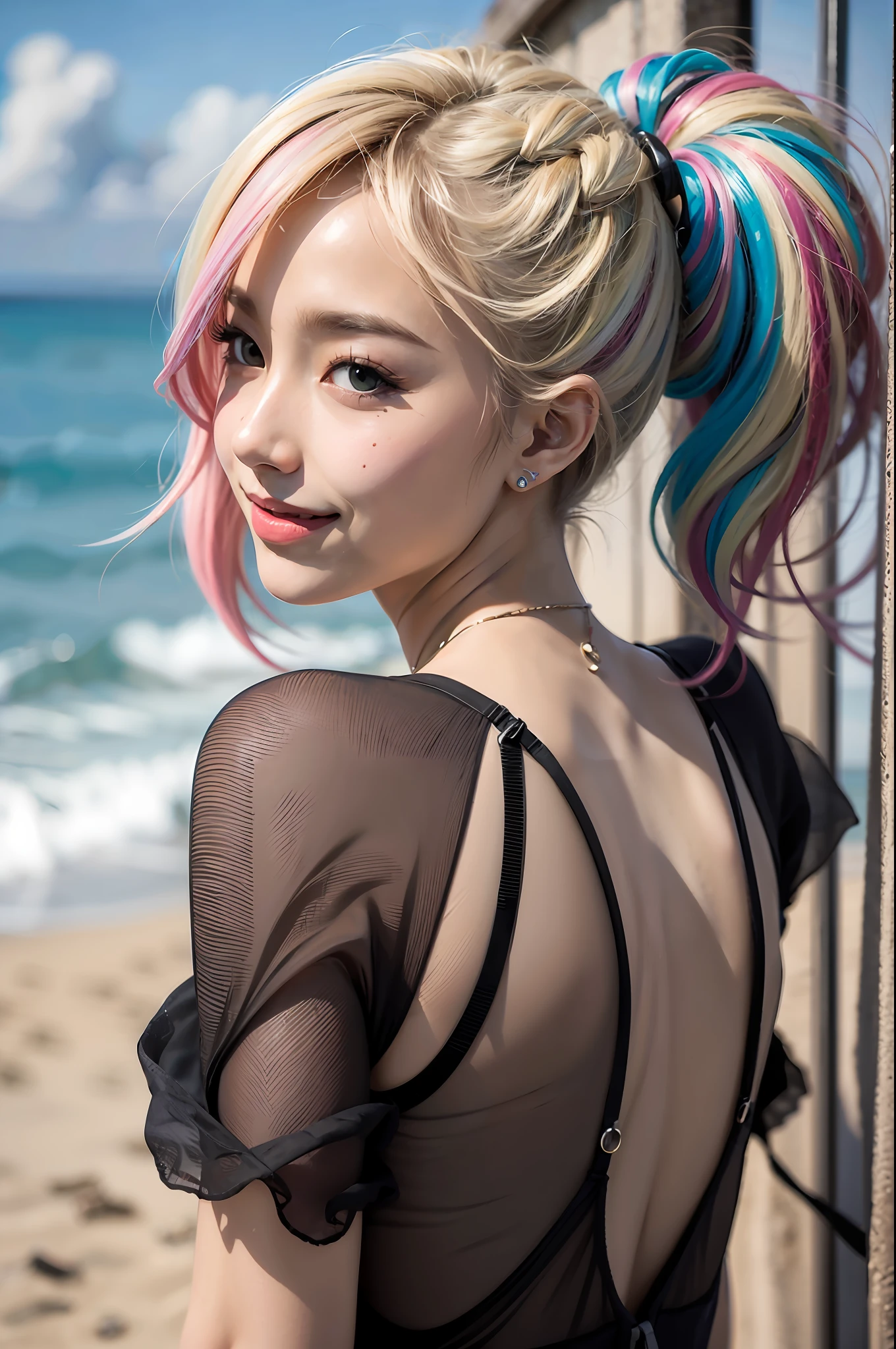 Ultra High Resolution, Best Quality, Photo, 16K, (Photorealistic: 1.2), Flashy Makeup, Fancy Swimsuit, Dark Skin, Ganguro, Gal, Kawaii, Sea, Smile, Double, Crisp Eyes, Tanned Skin, Wheat-Colored Spots, Sunburn Marks, Kawaii, Constriction, Back Appearance, Beach, Seaside, Sexy, Short Hair, Slender, Skinny, Breast Appeal, Back view photo, slim lower body, flashy hairstyle, bright hair color